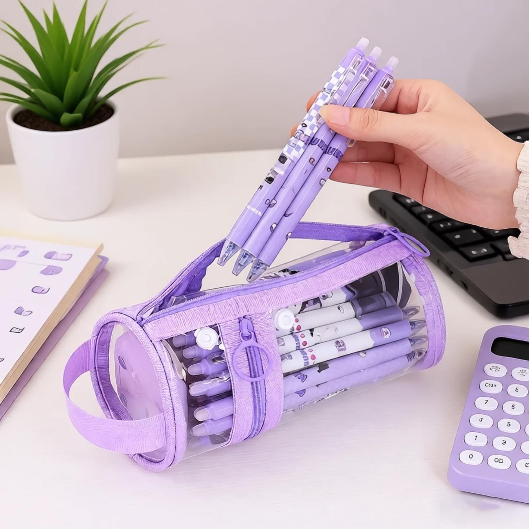 ReignSword Clear Pencil Case, PVC Cylindrical Pen Bag, Multifunction Zipper Pouch for Makeup, Transparent Handheld Bag for Adults/Office (Purple) - 3