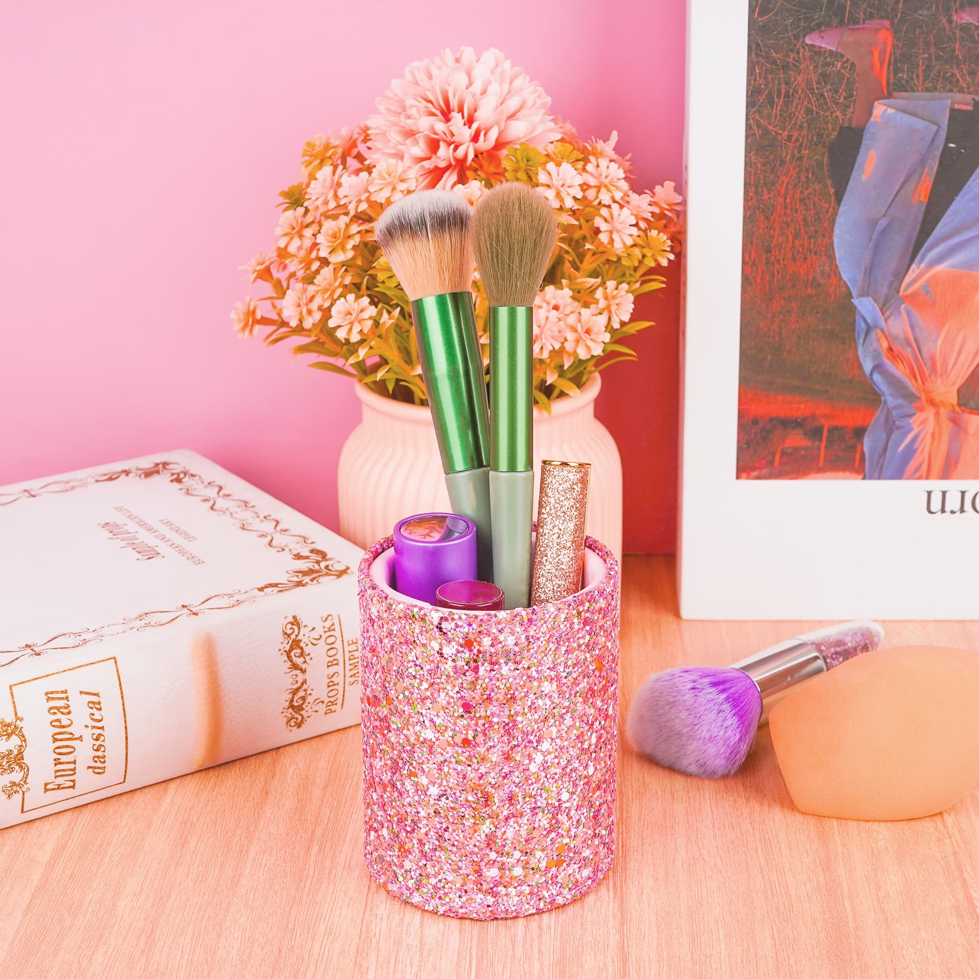 ReignSword Pen Holder for Desk, Cute Pink Glitter Pencil Cup with Vegan Leather Material for Women & Girls, Aesthetic Desk Organizer for Home Office - 4