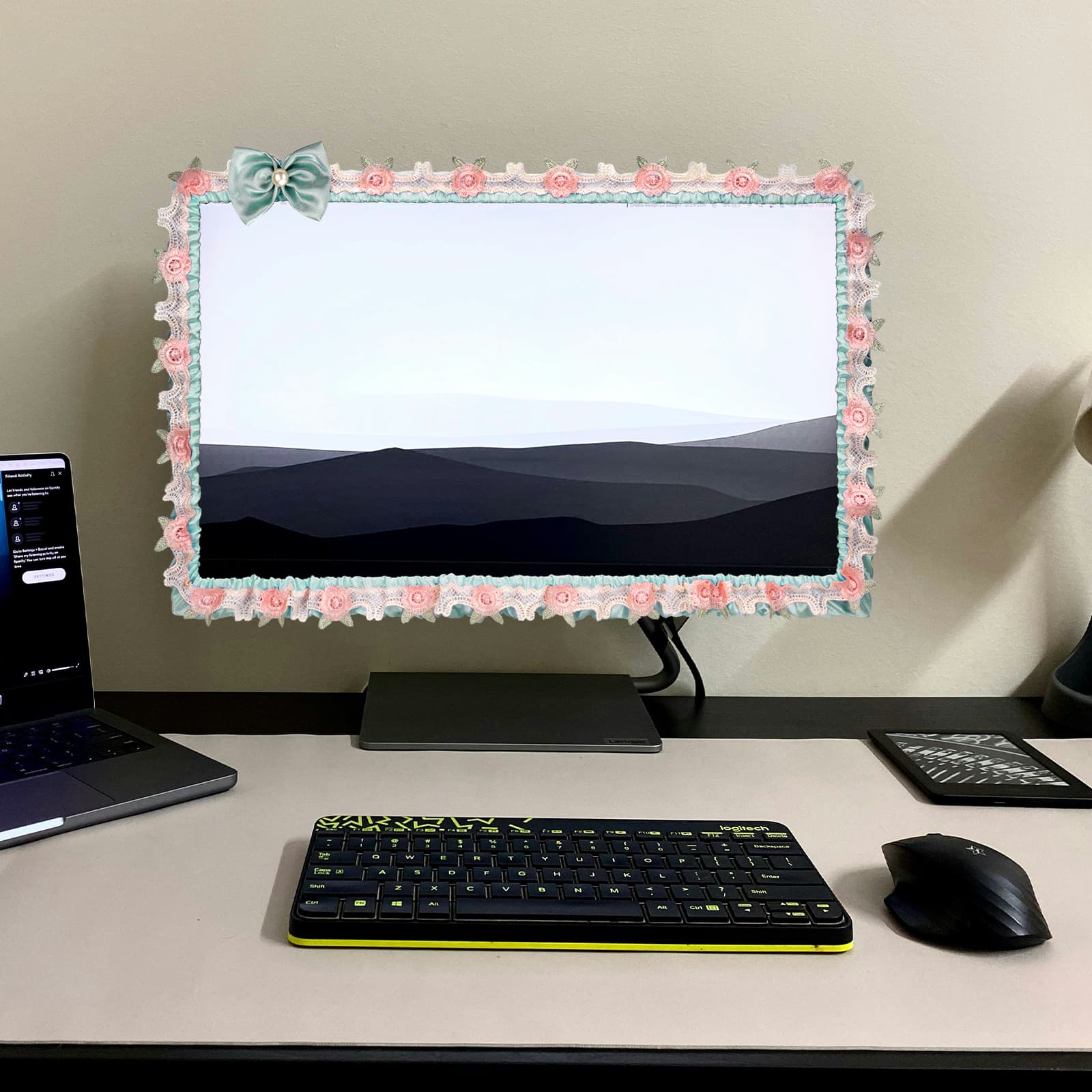 ReignSword 2 Pcs 17''-22'' Cute Computer Monitor Cover with Bow Tie, Lovely Computer Accessories with Lace Design, Monitor Dust Cover Protector (Blue) - 4