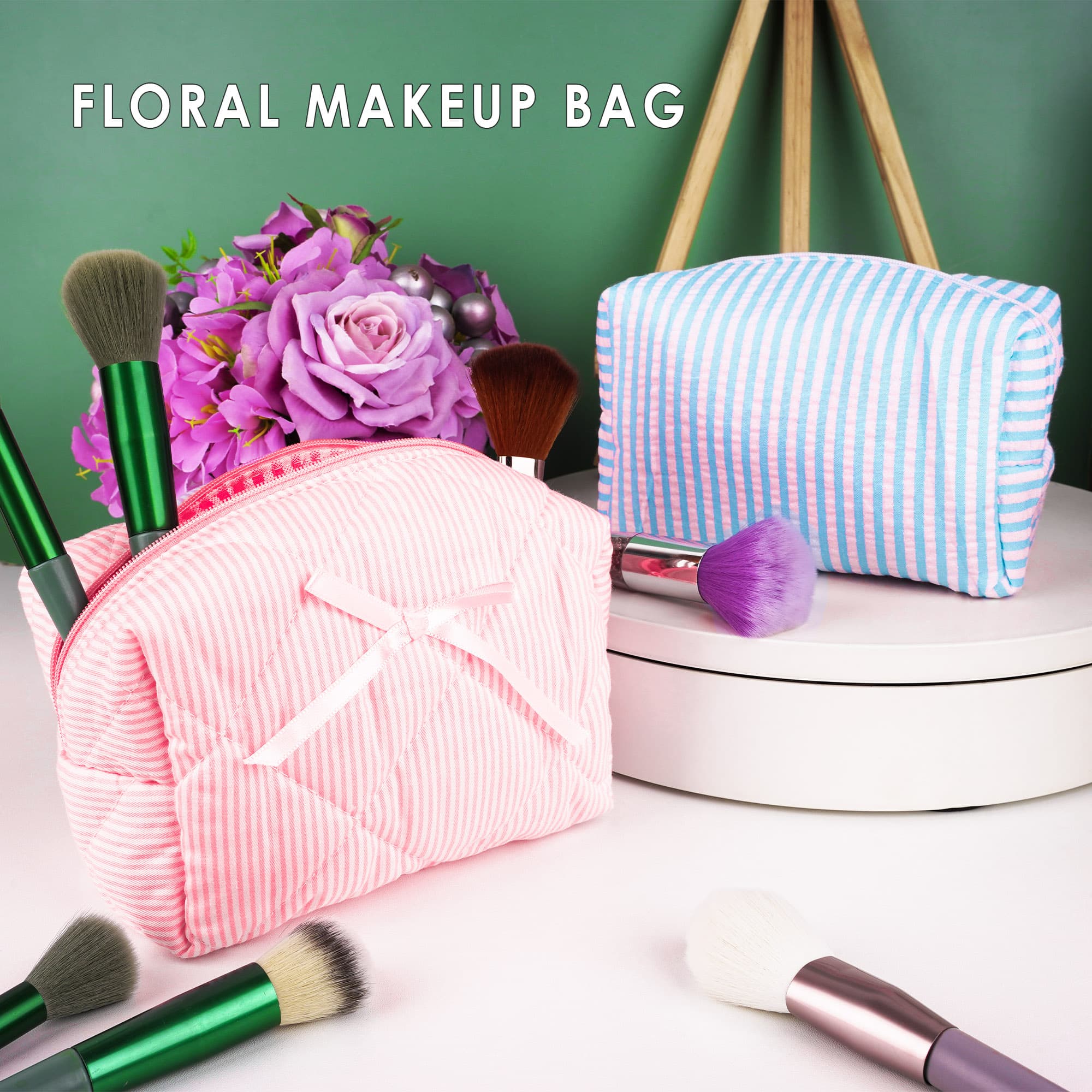 ReignSword Small Makeup Bag for Travel, Soft Cute Cotton Make Up Bag, Toiletry Zipper Pouch Cosmetic Storage Organizer for Women (Pink Stripes) - 5