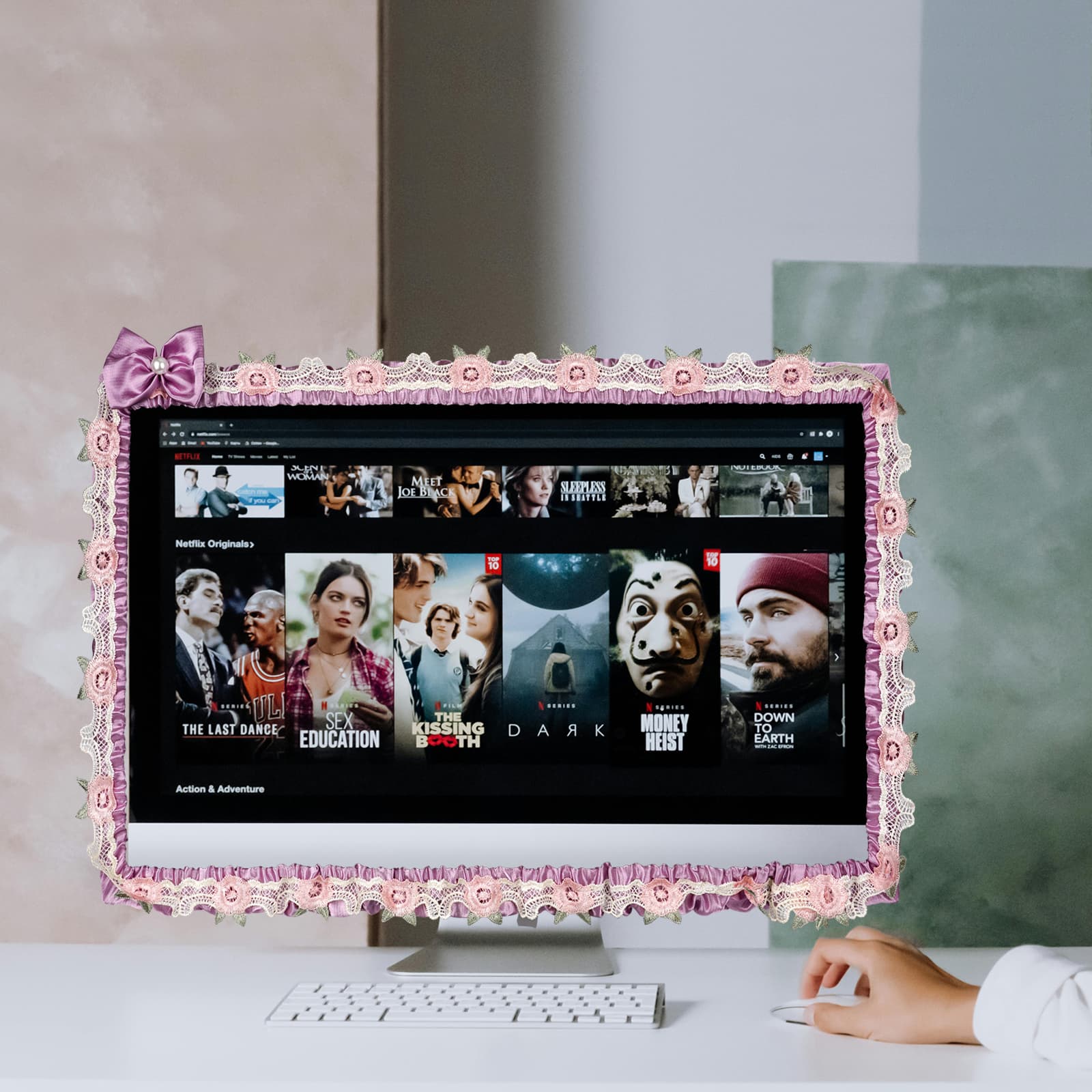ReignSword 2 Pcs 27''-30'' Cute Computer Monitor Cover with Bow Tie, Lovely Computer Accessories with Lace Design, Monitor Dust Cover Protector (Purple) - 3