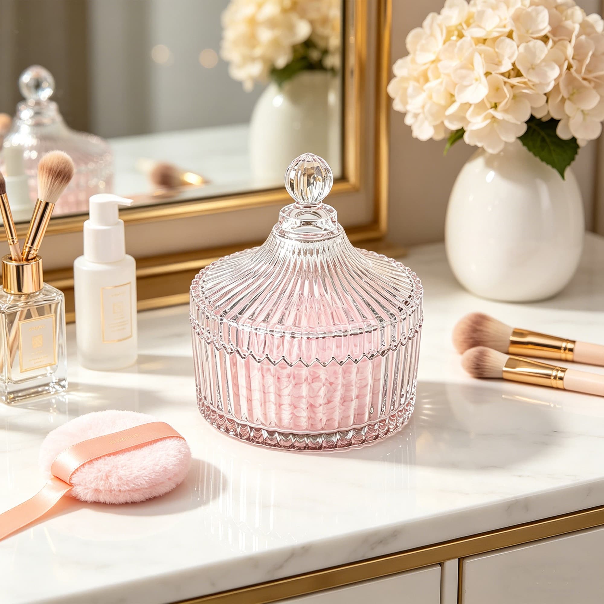 ReignSword Glass Body Powder Container with Dusting Lid, 5.4 Inch Refillable Cosmetic Powders Case with 2 Washable Makeup Puffs for Loose Powder, Vanity Bathroom Storage - 3
