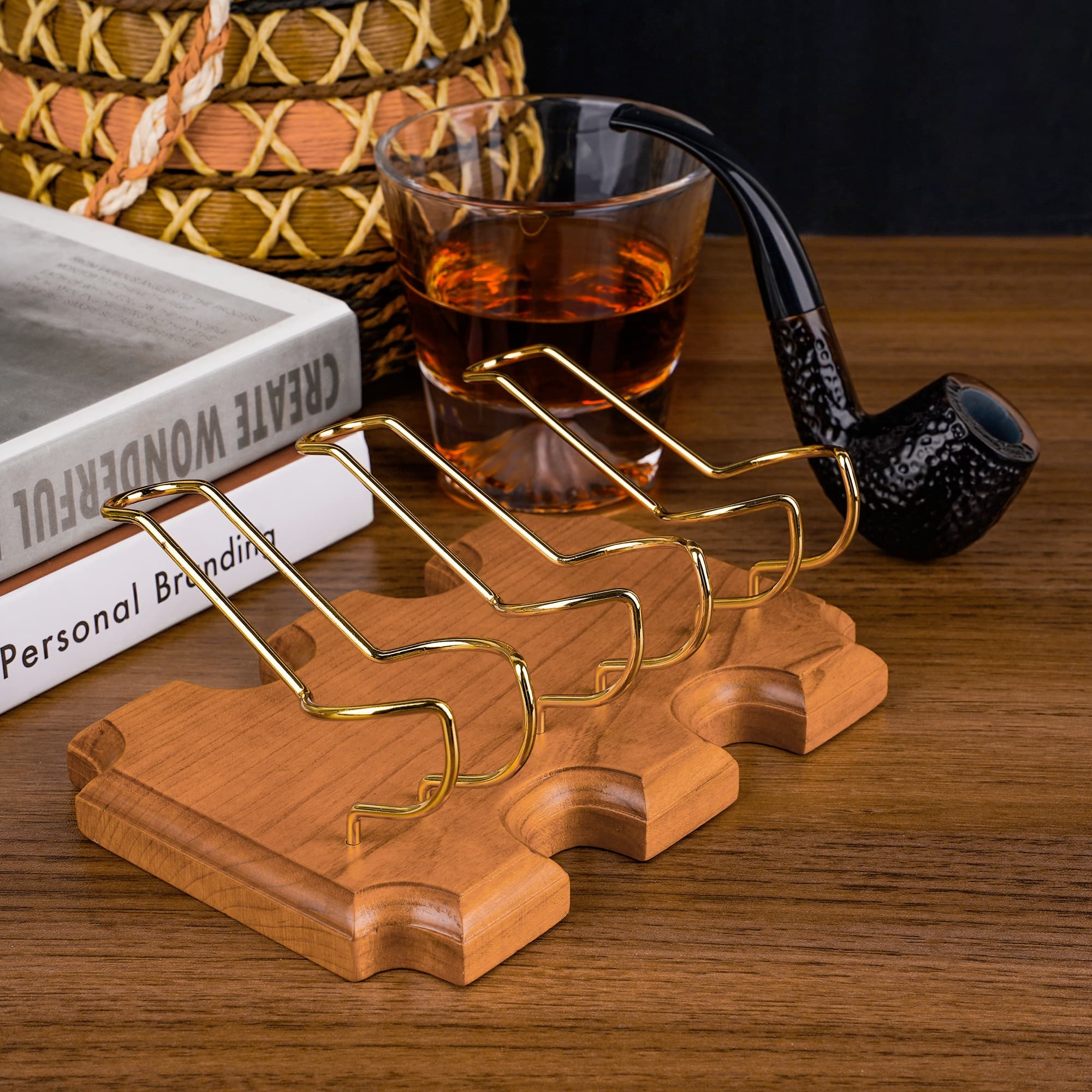 ReignSword Wooden Tobacco Pipe Stand Holder with 3 Display Metal Slots, Family Home Pipe Accessories for Tobacco - 3