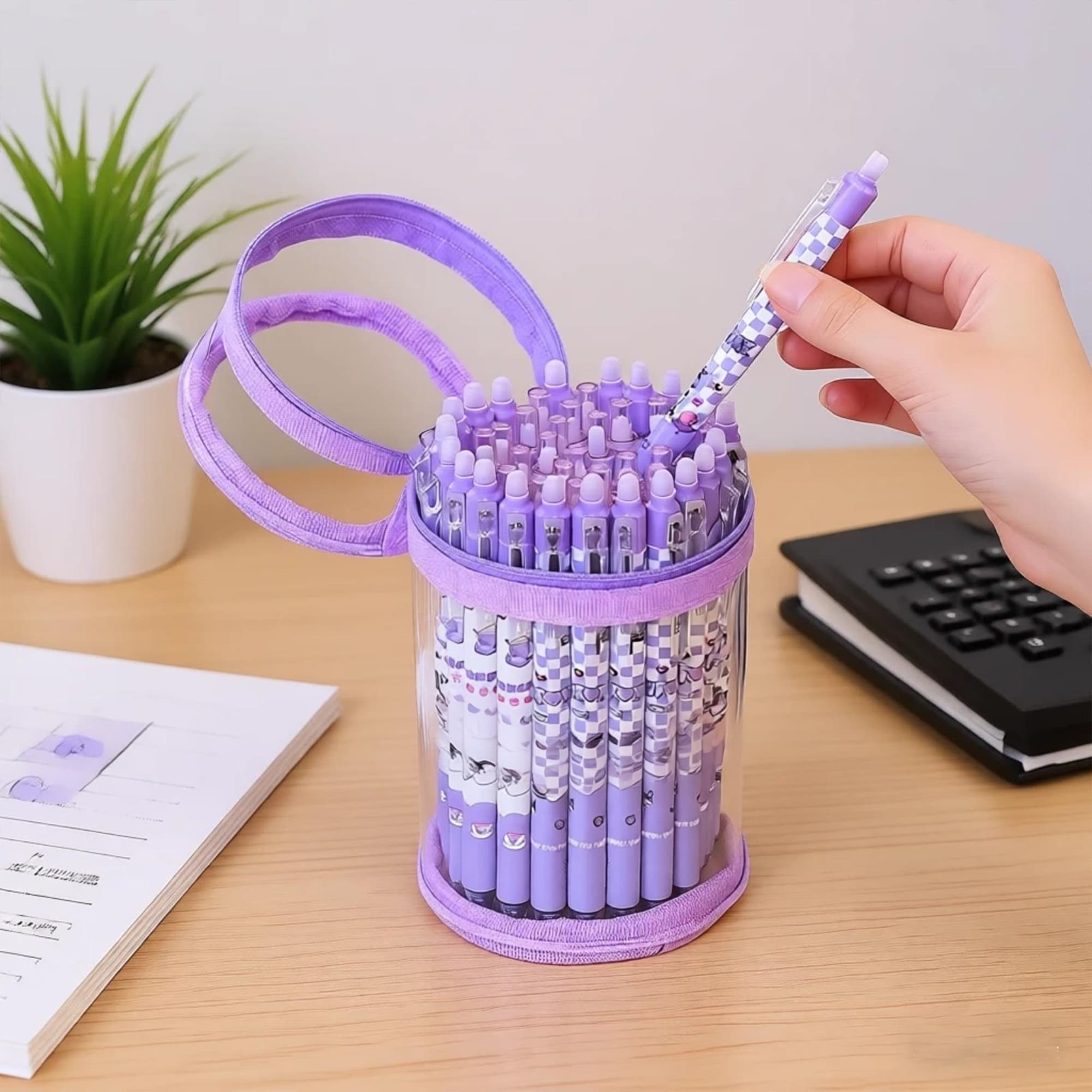 ReignSword Clear Pencil Case, PVC Cylindrical Pen Bag, Multifunction Zipper Pouch for Makeup, Transparent Handheld Bag for Adults/Office (Purple) - 4