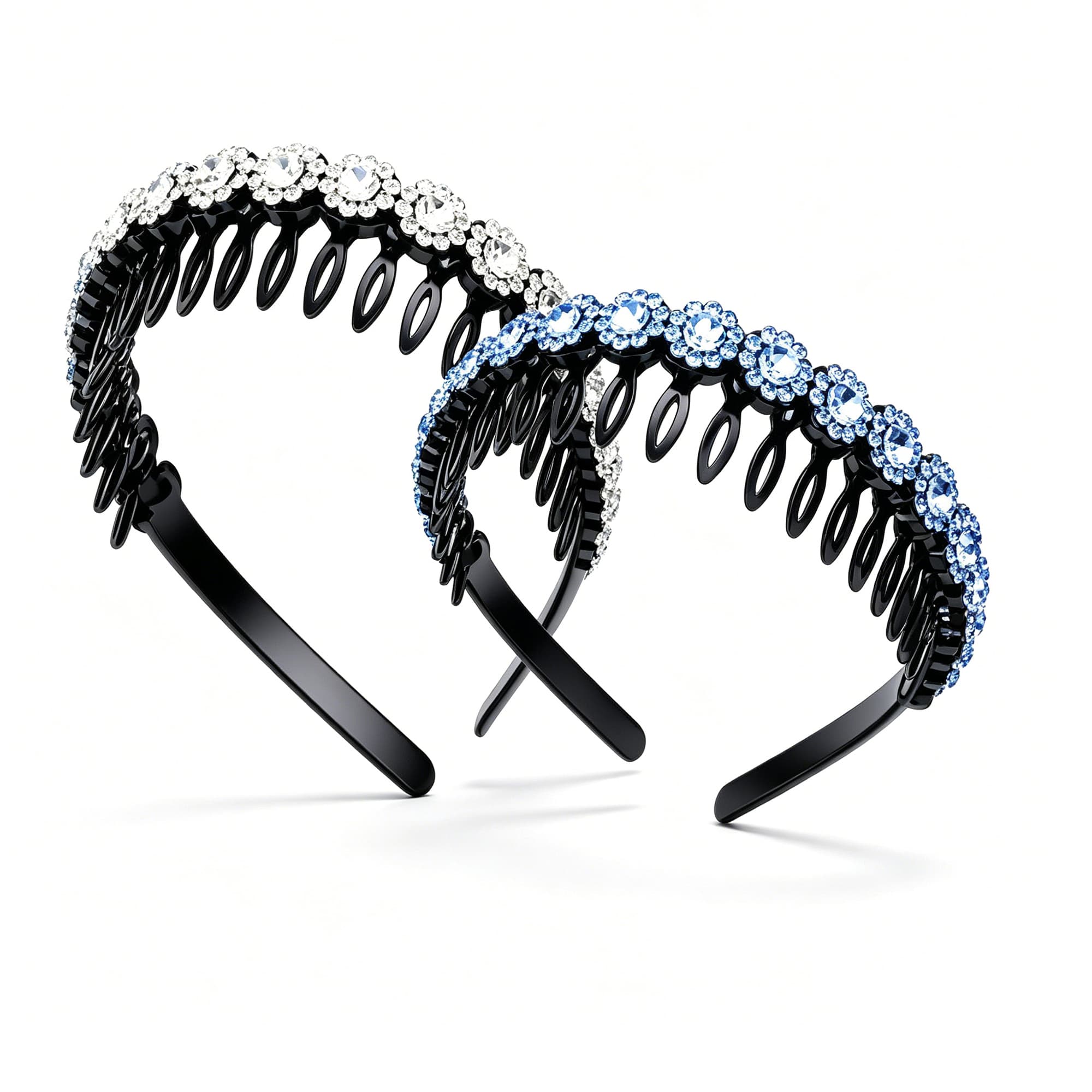 ReignSword 2 Pack Rhinestone Headband with Teeth for Women Girls, Fashion Non Slip Sparkly Crystal Hair Band, Bling Hair Accessories for Wedding Party Prom (White, Blue) - 1