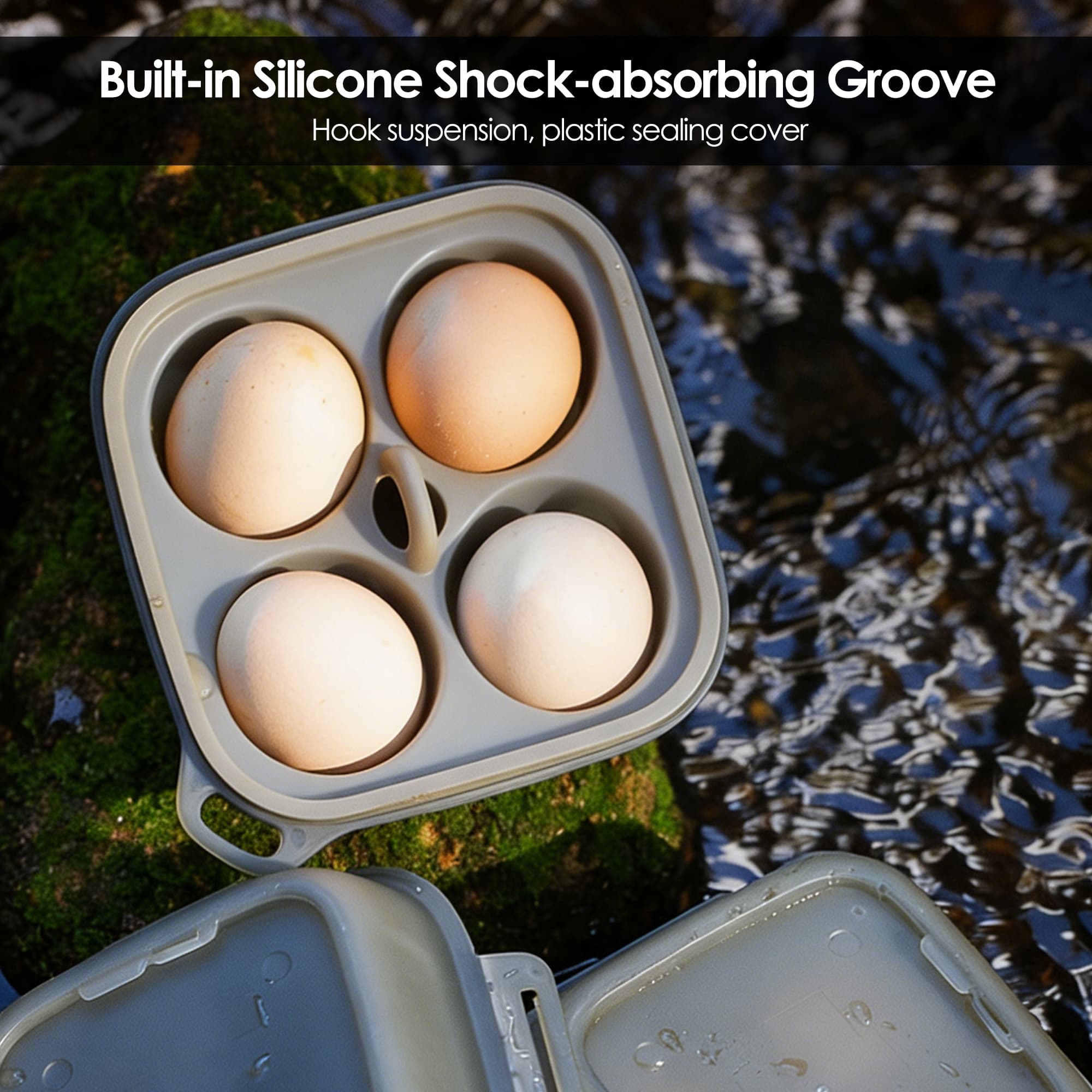 ReignSword 2-in-1 Camping Egg Holder, Portable 4 Grid Egg Storage Box with Built-in Silicone Steamer & Outdoor Hook, Shockproof Egg Container for Camping, Picnic, Travel (Military Green) - 4