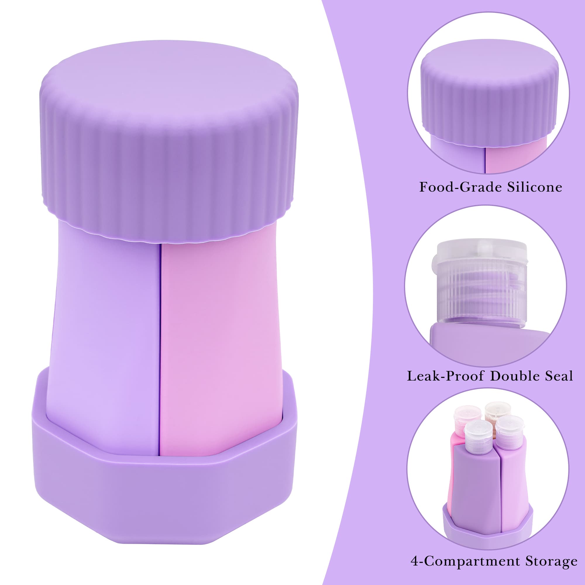 ReignSword 4 in 1 Silicone Travel Bottles, 50ml Refillable Squeeze Containers for Toiletries, Leak-Proof Travel Dispenser for Shampoo, Conditioner, Lotion & Body Wash (Purple) - 2