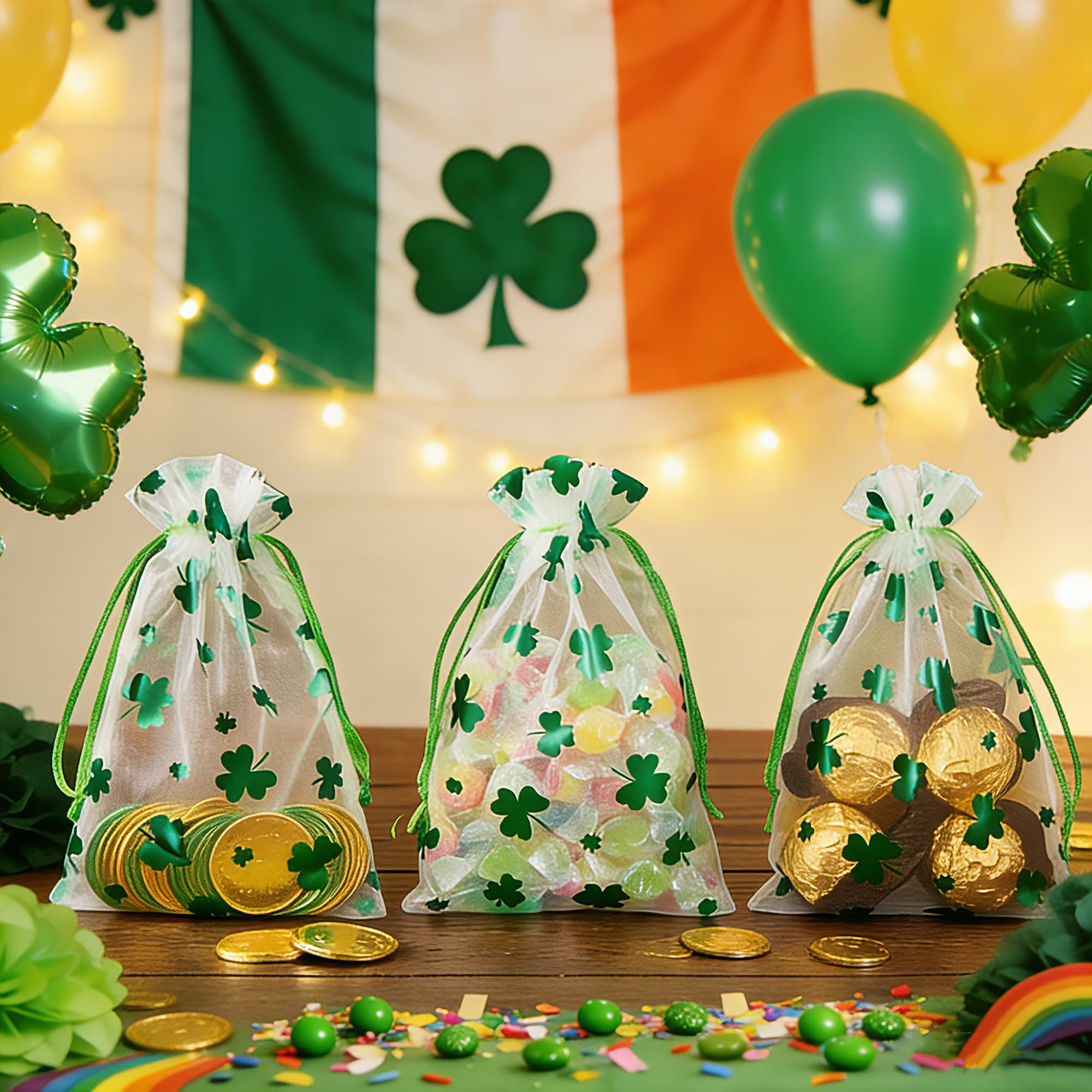 ReignSword 50 Pcs St. Patrick's Day Organza Gift Bags, Shamrock Clover Green Drawstring Mesh Treat Pouches, Goodie Bag for Party Favors, Candy, Jewelry (6 x 4 Inch) - 5