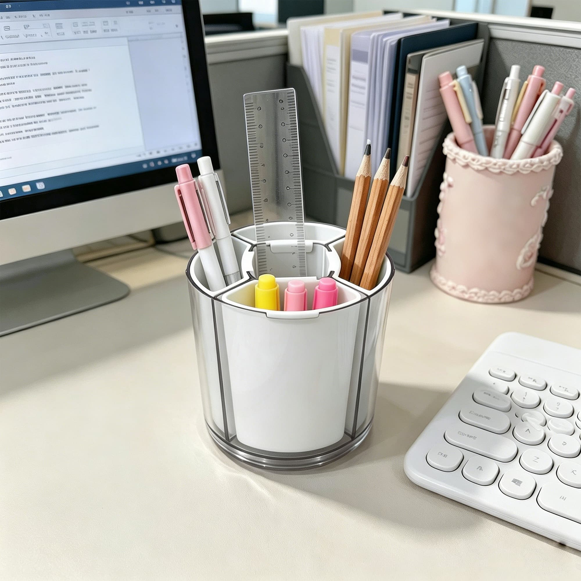 ReignSword 360° Rotating Pen Holder, Expandable 5-9 Slots Desk Organizer, Clear Detachable Pencil Cup Caddy, Aesthetic Desktop Supplies for Office Home (White) - 4