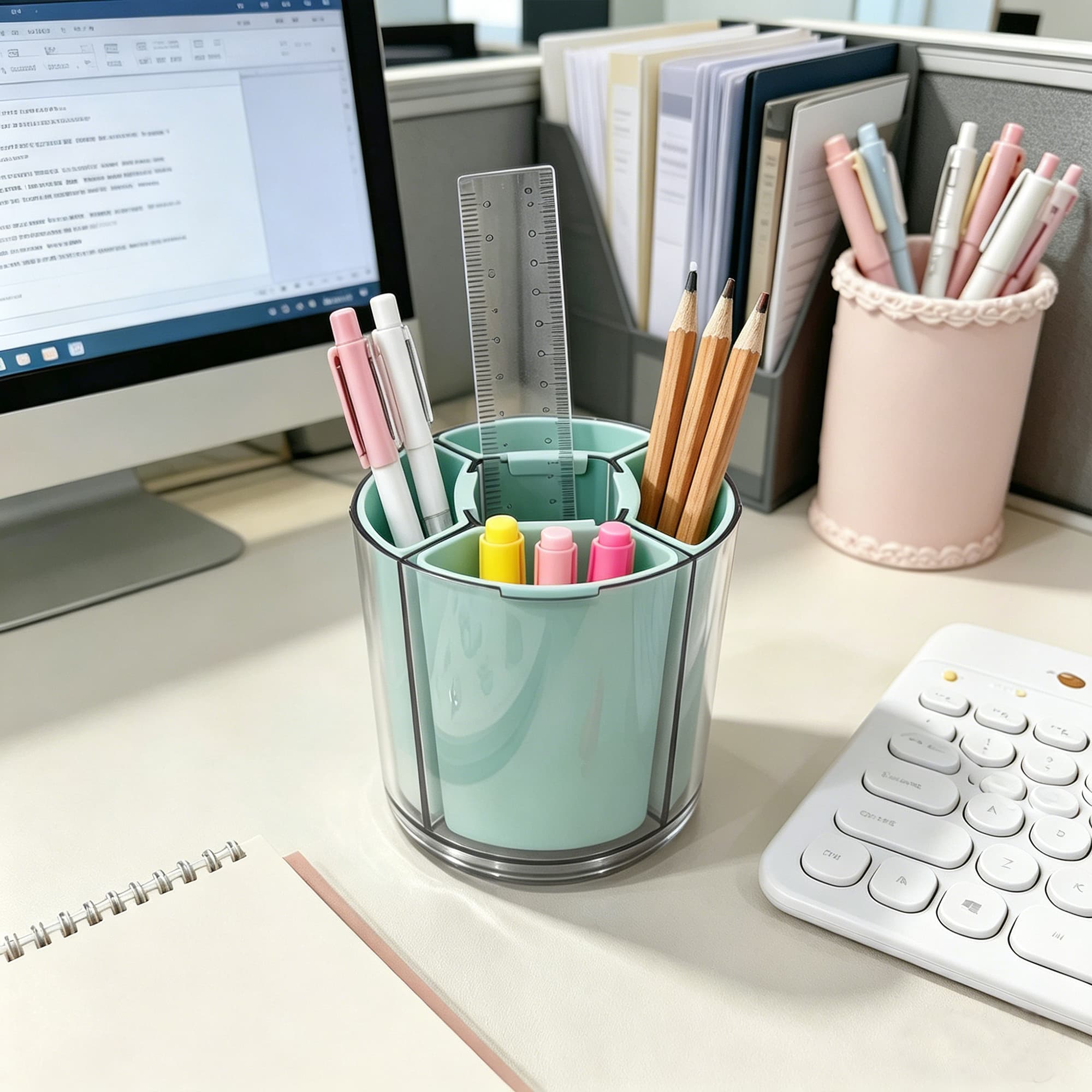 ReignSword 360° Rotating Pen Holder, Expandable 5-9 Slots Desk Organizer, Clear Detachable Pencil Cup Caddy, Aesthetic Desktop Supplies for Office Home (Green) - 4