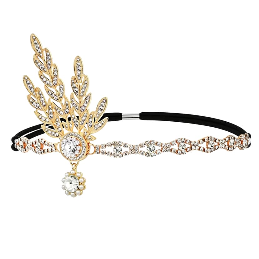 ReignSword Flapper Headband, 1920s Roaring 20s Style Crystal Leaf Headpiece, Alloy Rhinestone Pearl Hair Band with Clear Gem for Women, Retro Party Costume Accessory