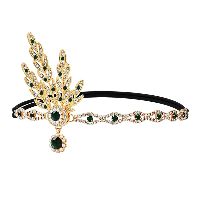 ReignSword Flapper Headband, 1920s Roaring 20s Style Crystal Leaf Headpiece, Alloy Rhinestone Pearl Hair Band with Green Gem for Women, Retro Party Costume Accessory