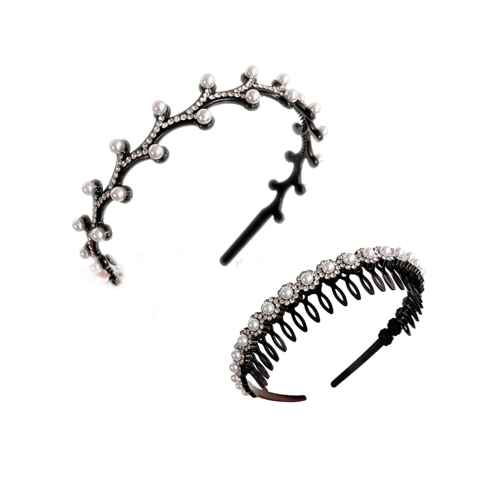 ReignSword 2 Pack Pearl Rhinestones Headbands for Women Girls, Fashion Hair Hoops with Non-Slip Teeth, Decorative Hair Accessories for Birthday Party Wedding (Black) - 5