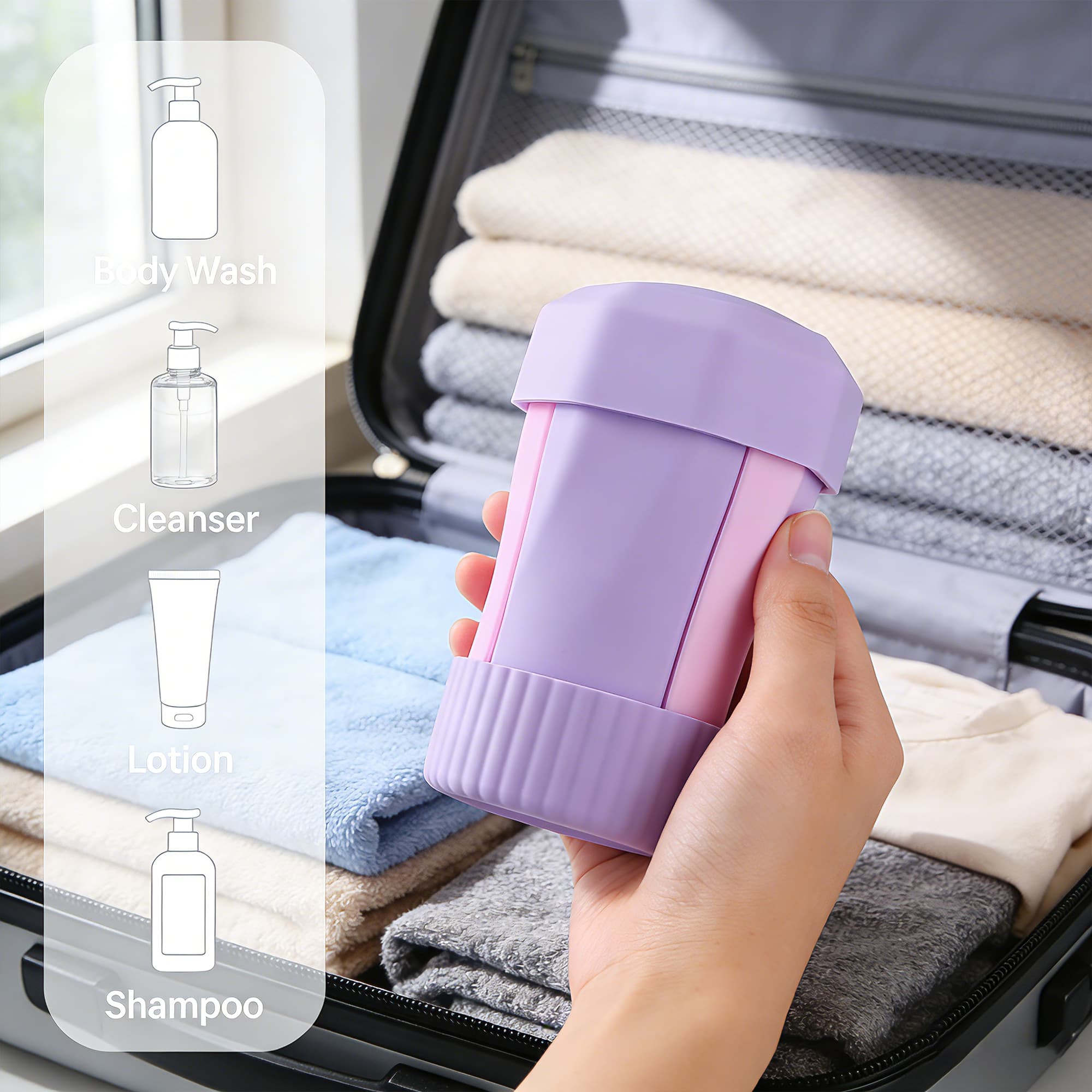ReignSword 4 in 1 Silicone Travel Bottles, 50ml Refillable Squeeze Containers for Toiletries, Leak-Proof Travel Dispenser for Shampoo, Conditioner, Lotion & Body Wash (Purple) - 4