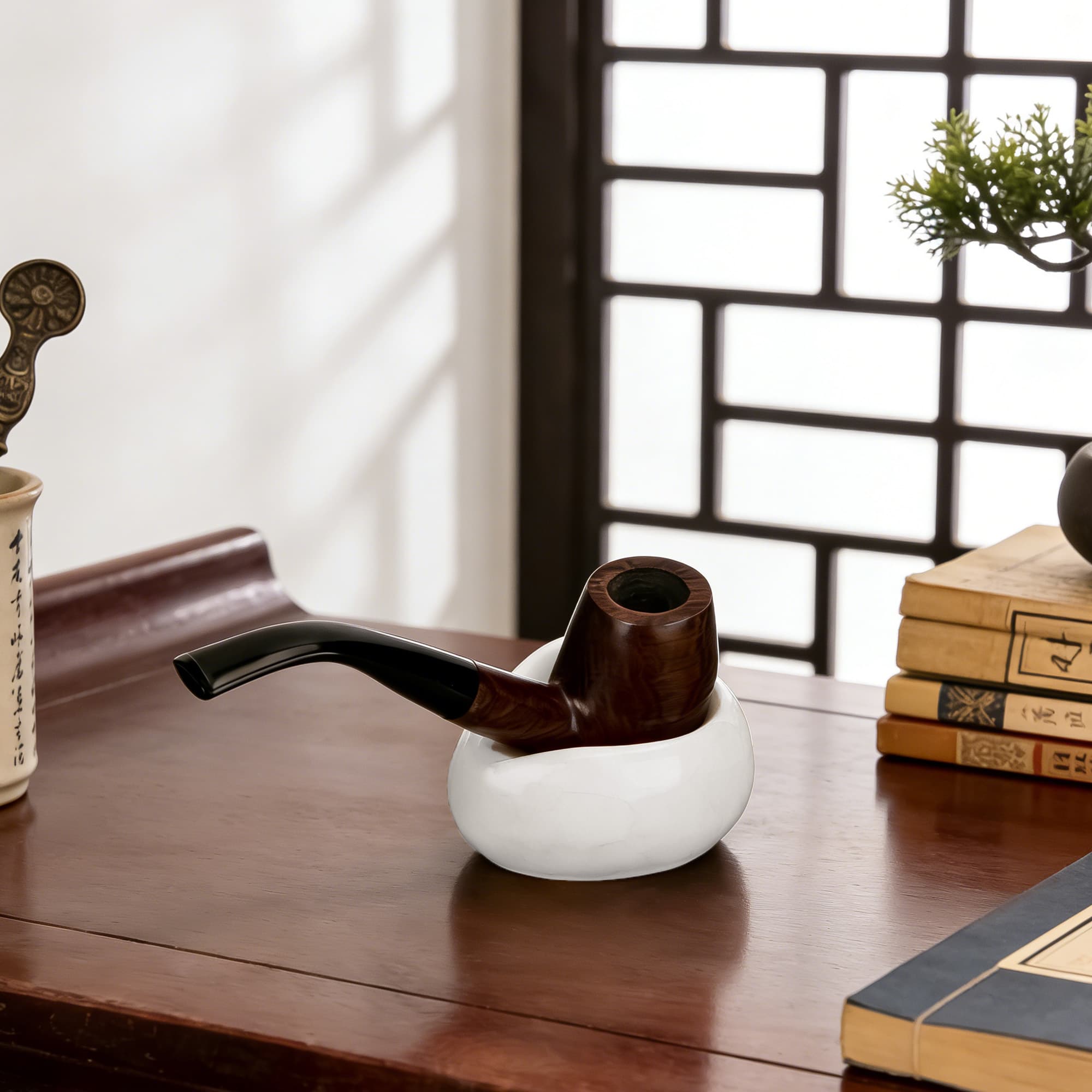 ReignSword Ceramic Pipe Stand, Portable Oval Tobacco Pipe Rest, Desktop Display Rack Holder Base, Men's Smoking Accessory for Home Office Collection (White Crackle) - 5