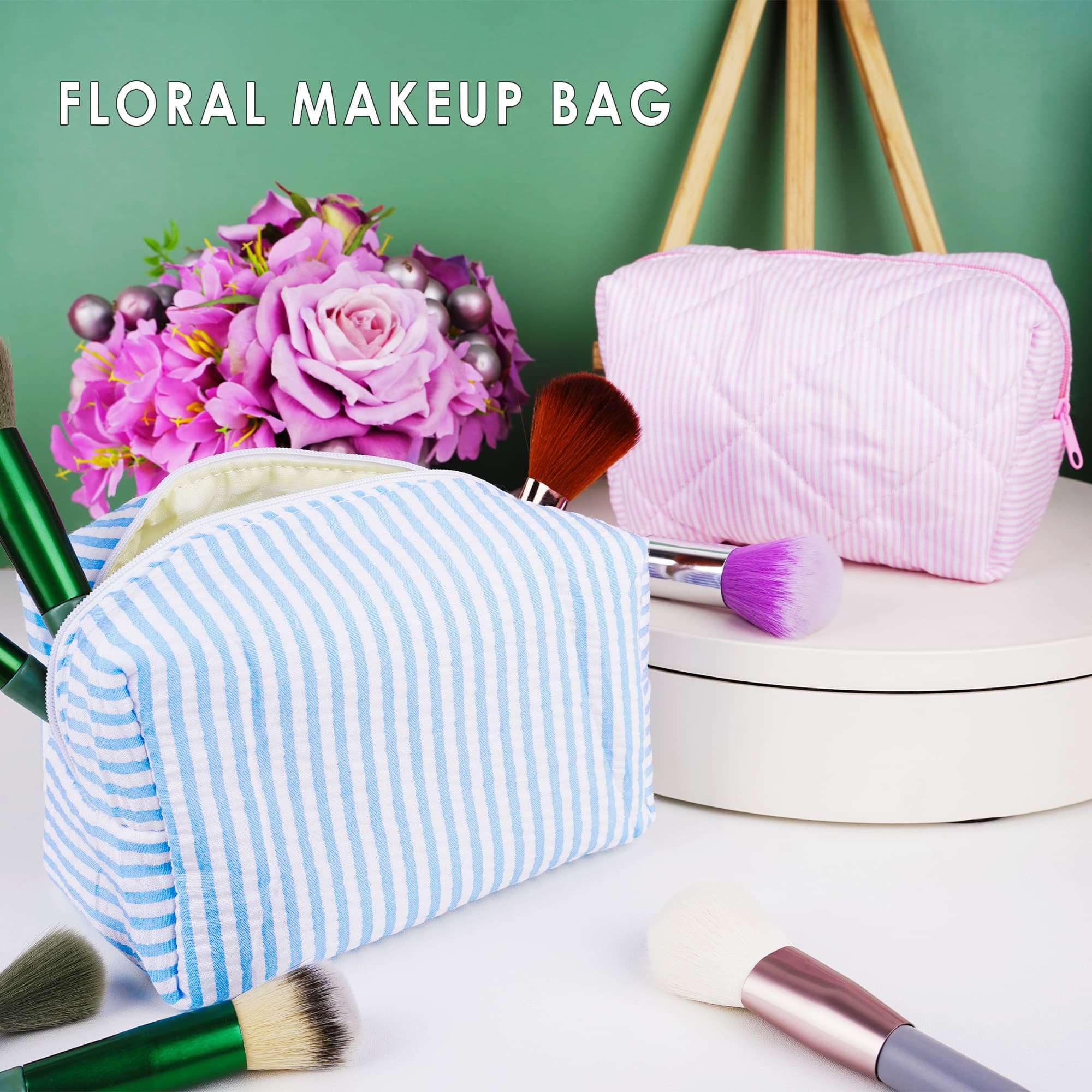 ReignSword Small Makeup Bag for Travel, Soft Cute Cotton Make Up Bag, Toiletry Zipper Pouch Cosmetic Storage Organizer for Women (Blue Stripes) - 5