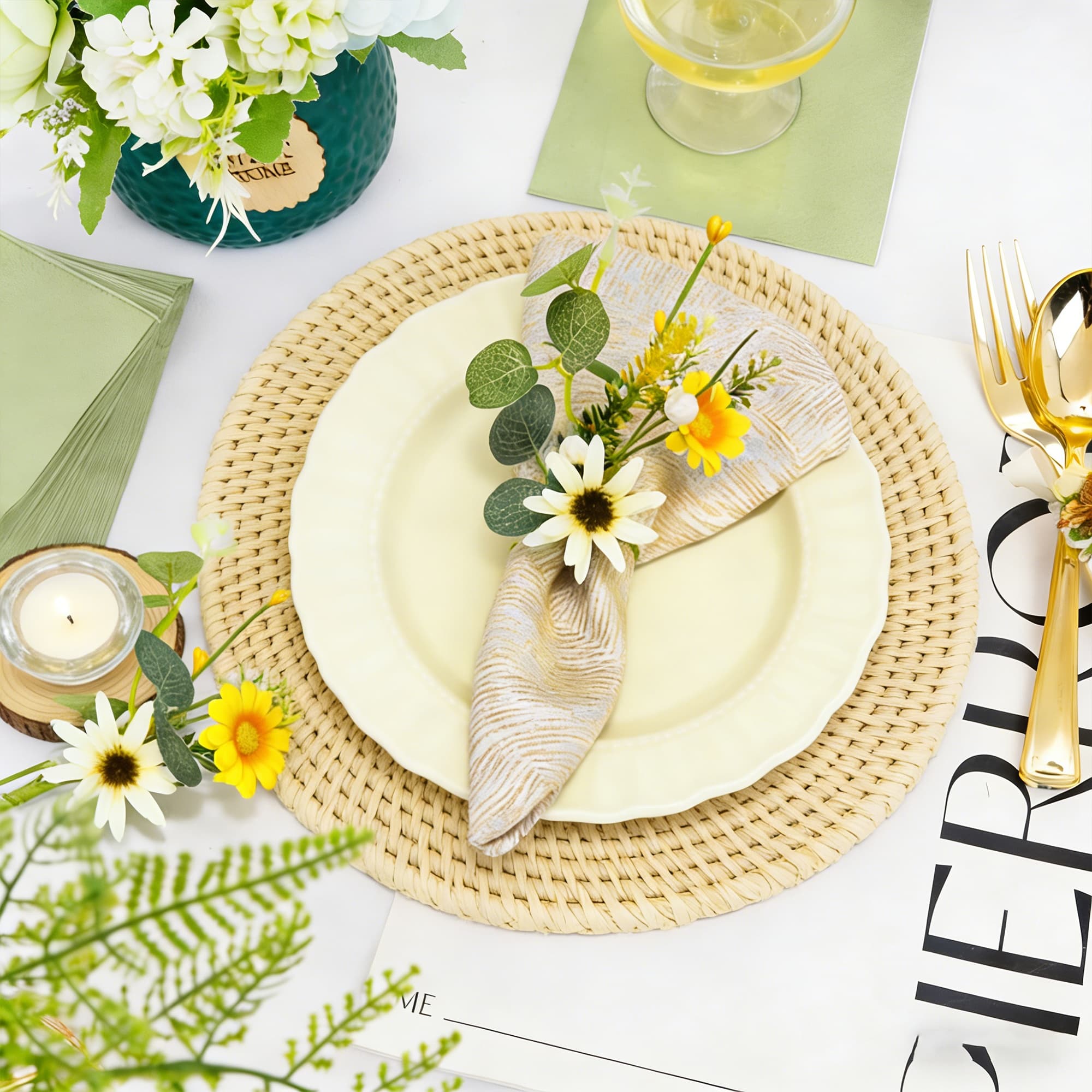 ReignSword 12 Pack Daisy Rustic Napkin Rings, Eucalyptus Leaves Flower Napkin Ring Holder with Pearl, Farmhouse Table Decor for Christmas Thanksgiving Wedding - 3