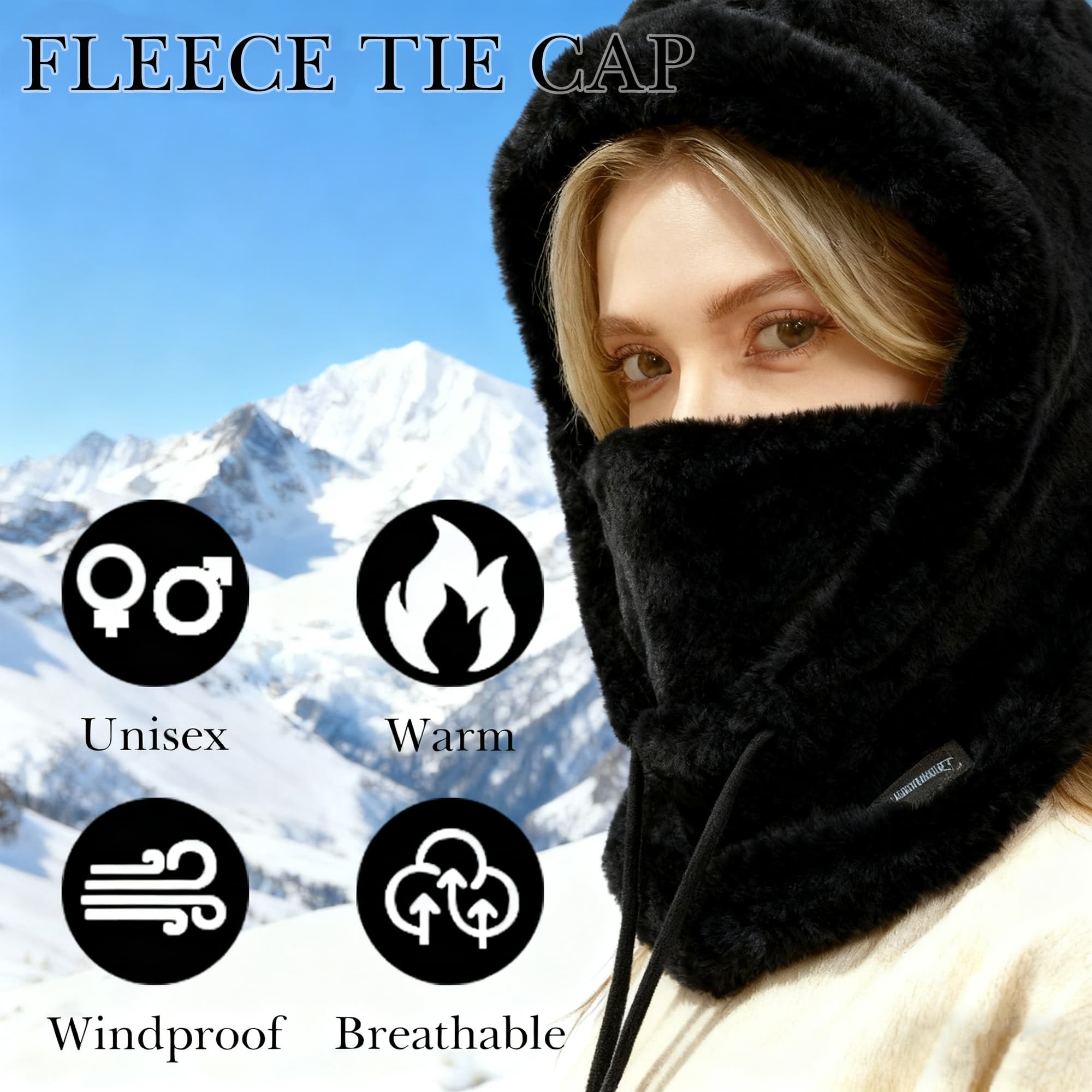 ReignSword Fleece Balaclava Face Mask, Winter Windproof Warm Ski Mask for Men Women, Adjustable Drawstring Cold Weather Face Cover for Skiing Snowboarding (Black) - 2