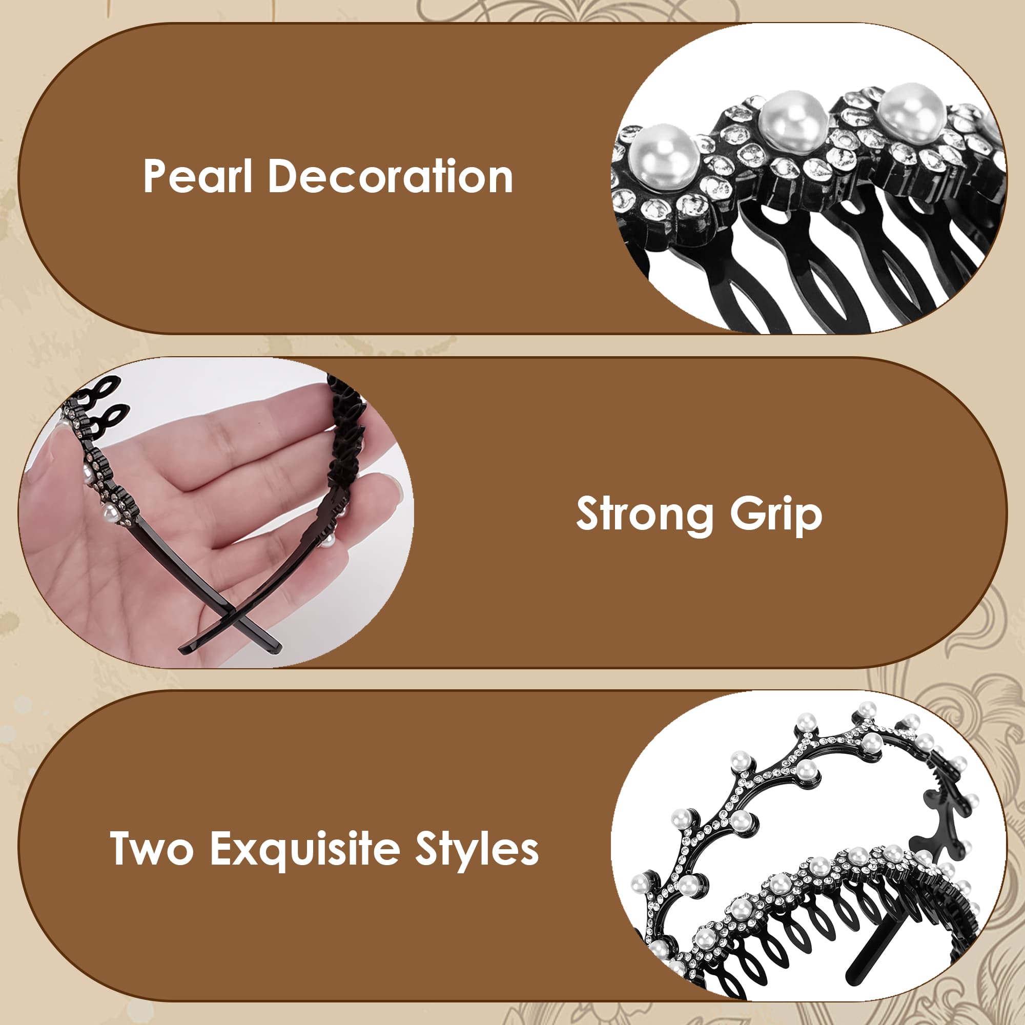 ReignSword 2 Pack Pearl Rhinestones Headbands for Women Girls, Fashion Hair Hoops with Non-Slip Teeth, Decorative Hair Accessories for Birthday Party Wedding (Black) - 1