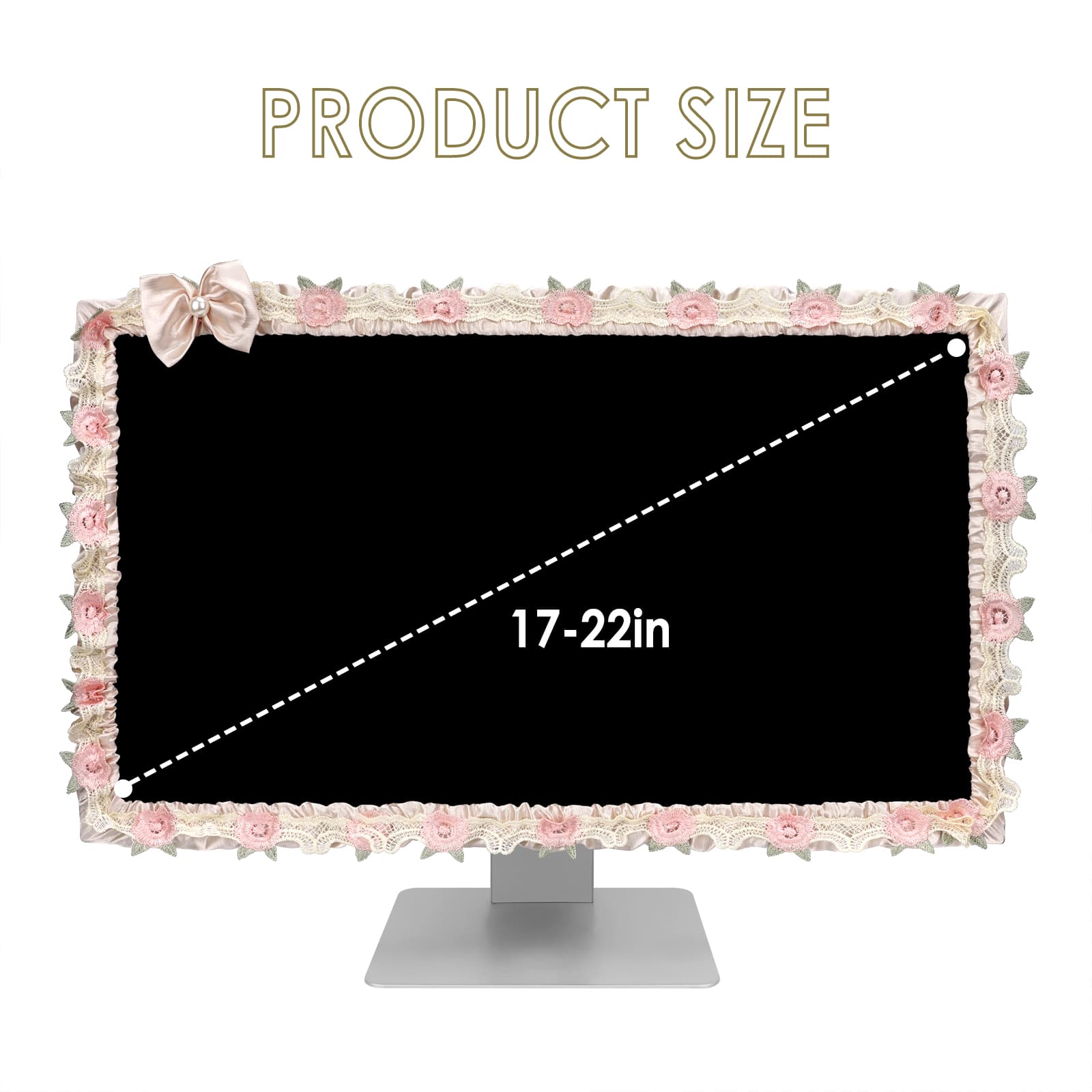 ReignSword 2 Pcs 17''-22'' Cute Computer Monitor Cover with Bow Tie, Lovely Computer Accessories with Lace Design, Monitor Dust Cover Protector (Beige) - 1