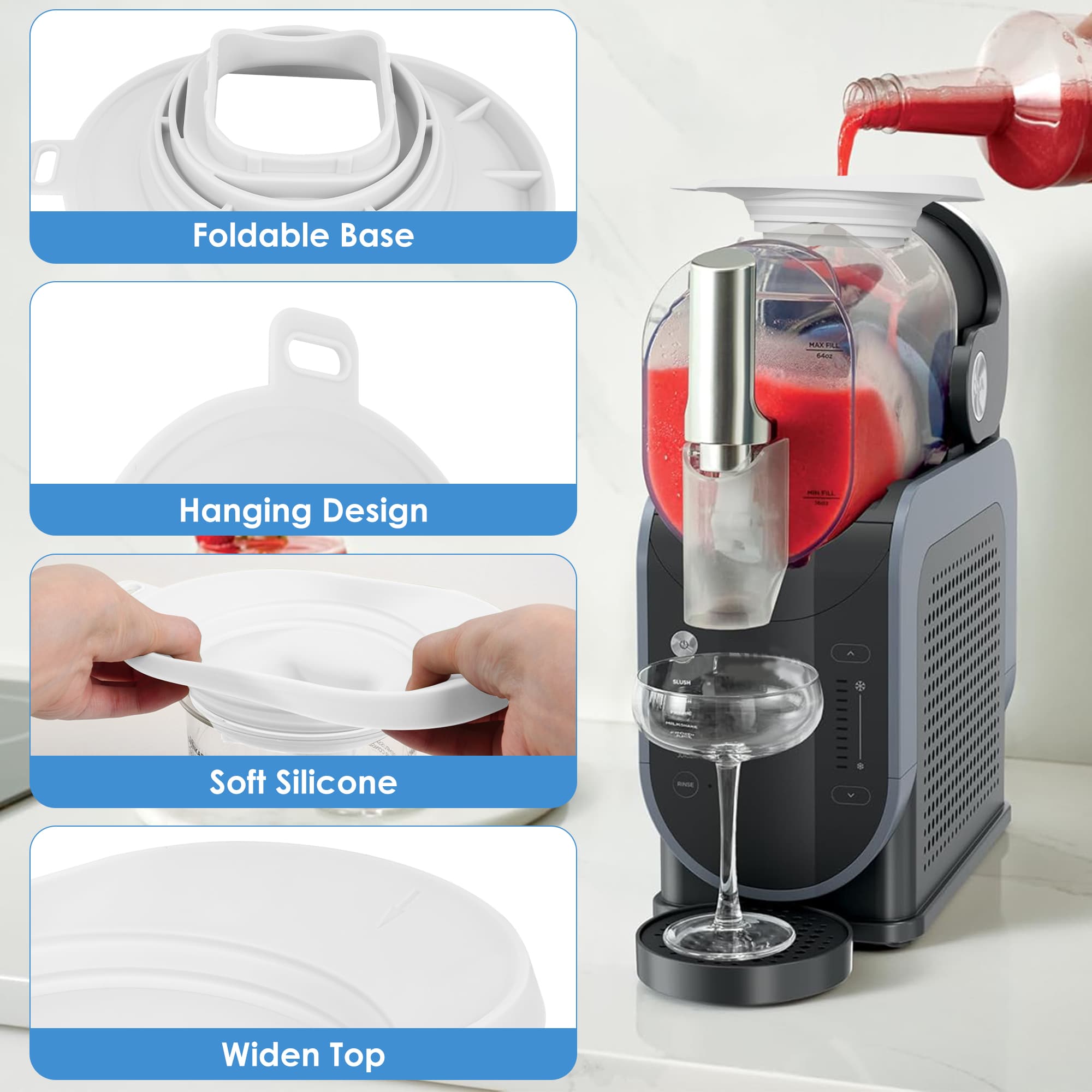 Anti-Splash Liquid Guide Cover Compatible with Ninja Slushie Machine FS301 FS300, Food-Grade Silicone Flow Hood & Foldable Funnel, Creami Swirl Pints Containers Accessories for No Spills (White) - 2