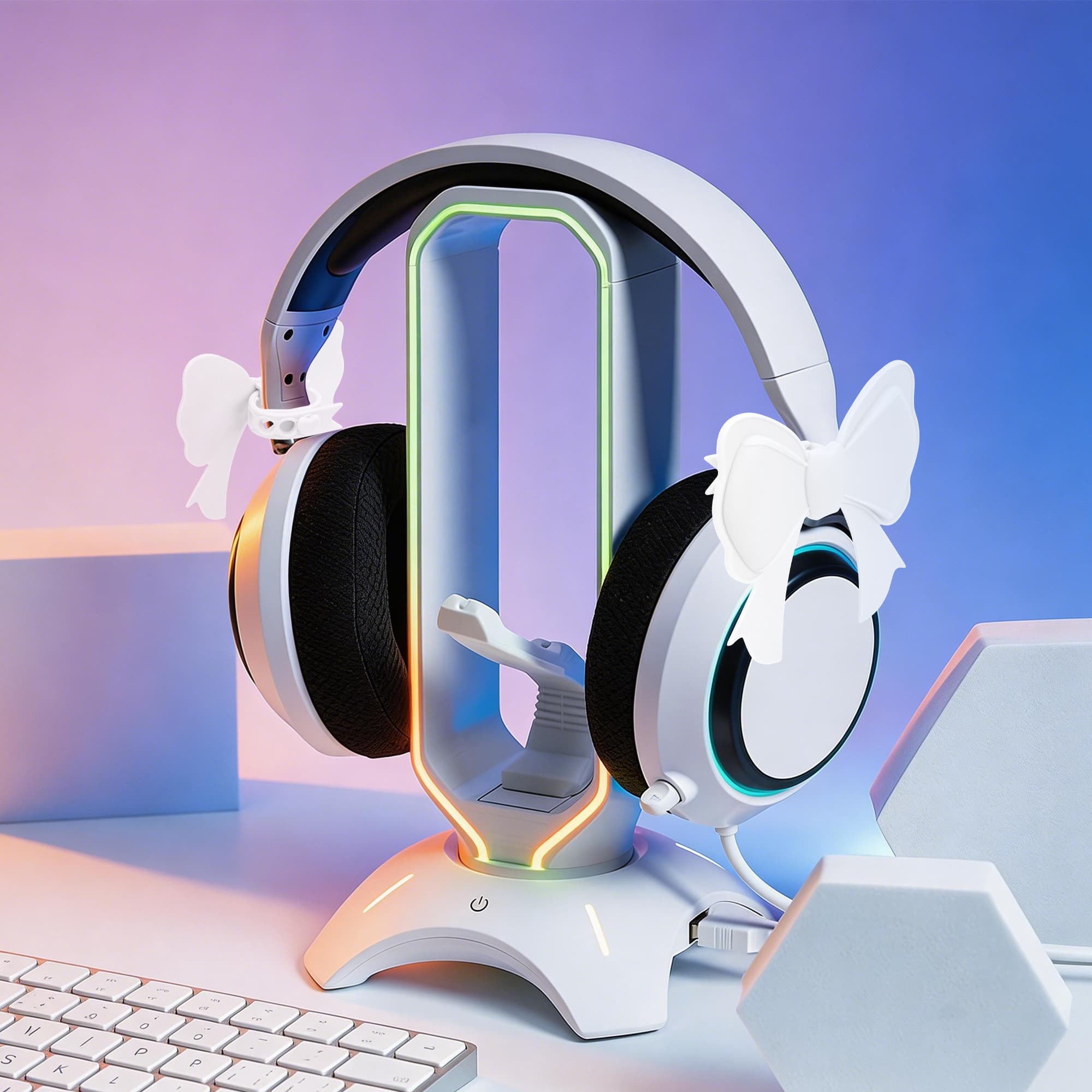 ReignSword 2 Pack Cute Silicone Bow Headphone Decorations, Adjustable Headphone Charms Accessories for Most Headphones, Fun Gift for Women & Gamers (White) - 5