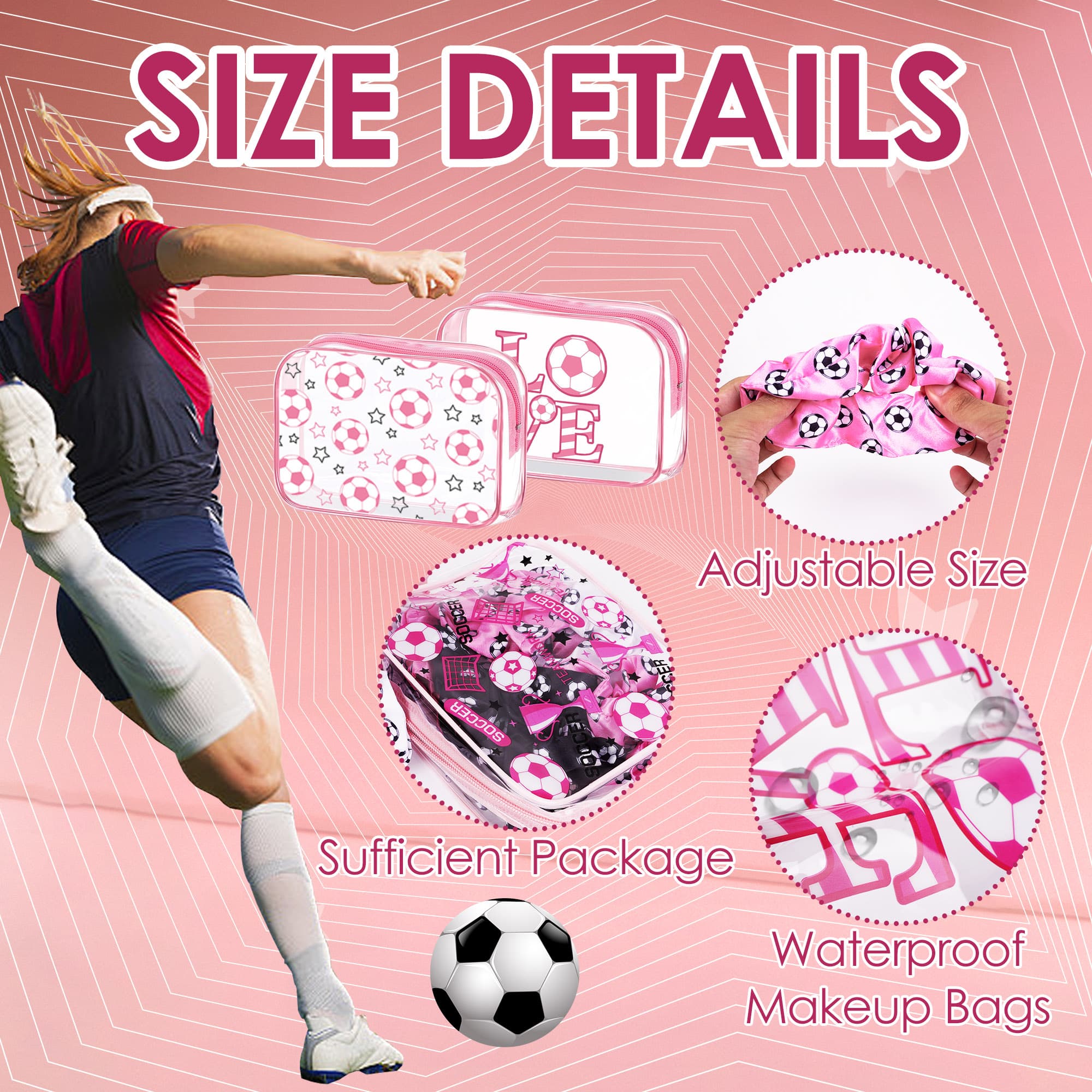 ReignSword 24 Pack Soccer Team Gifts for Girls, 12 Pink Clear PVC Soccer Cosmetic Bags, 12 Sport Hair Scrunchies for Sports Team Accessories Coach Soccer Party Supplies - 2