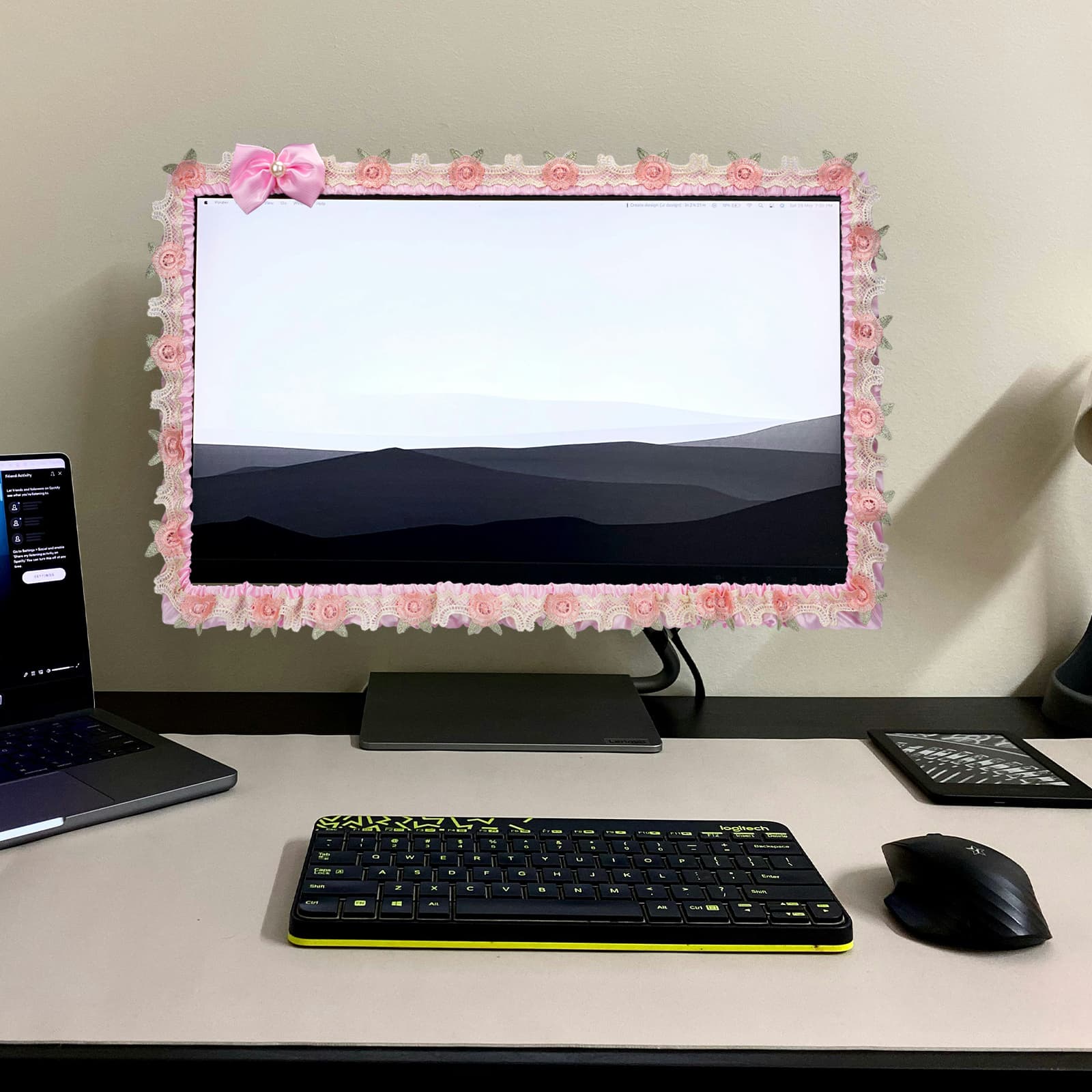 ReignSword 2 Pcs 27''-30'' Cute Computer Monitor Cover with Bow Tie, Lovely Computer Accessories with Lace Design, Monitor Dust Cover Protector (Pink) - 4