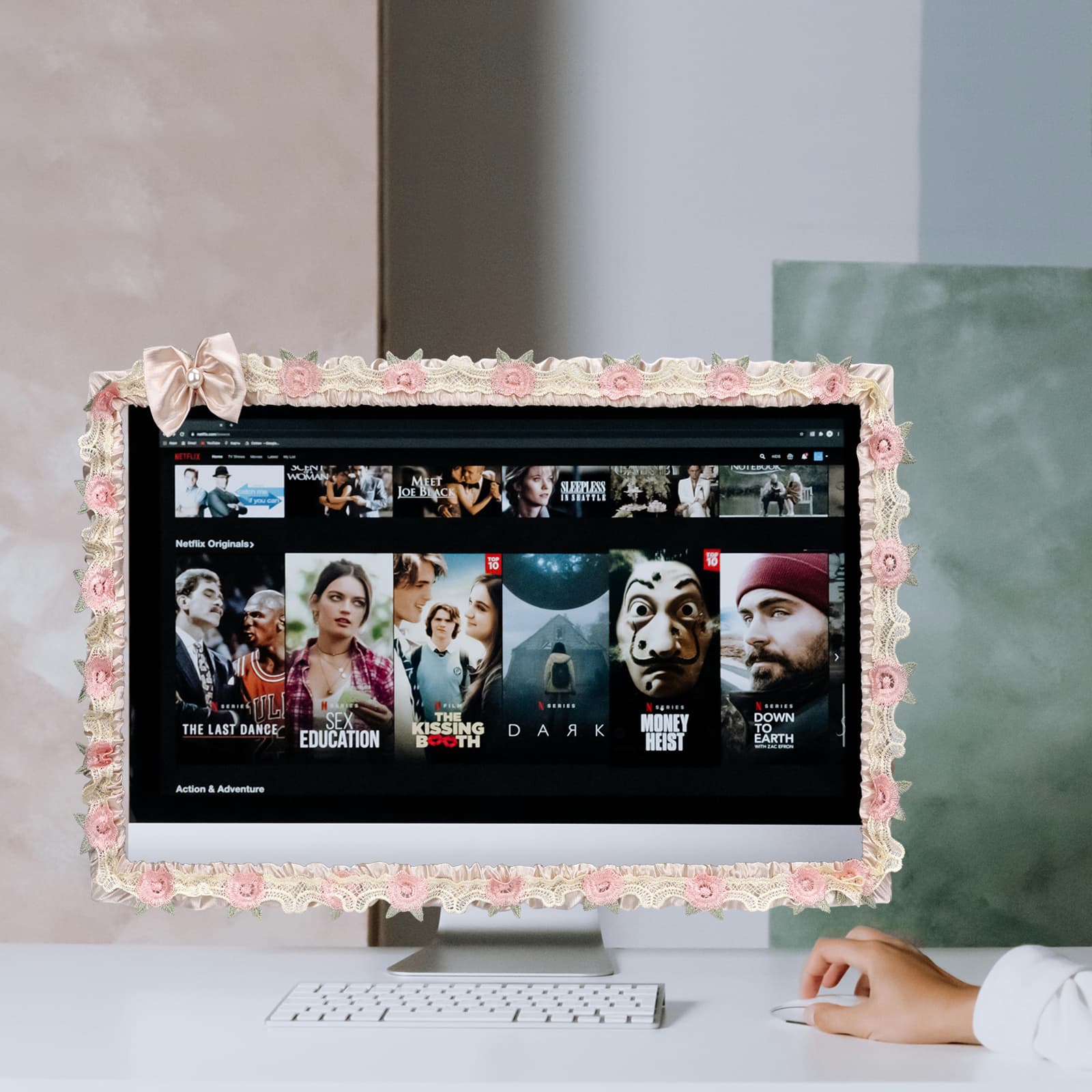 ReignSword 2 Pcs 17''-22'' Cute Computer Monitor Cover with Bow Tie, Lovely Computer Accessories with Lace Design, Monitor Dust Cover Protector (Beige) - 3