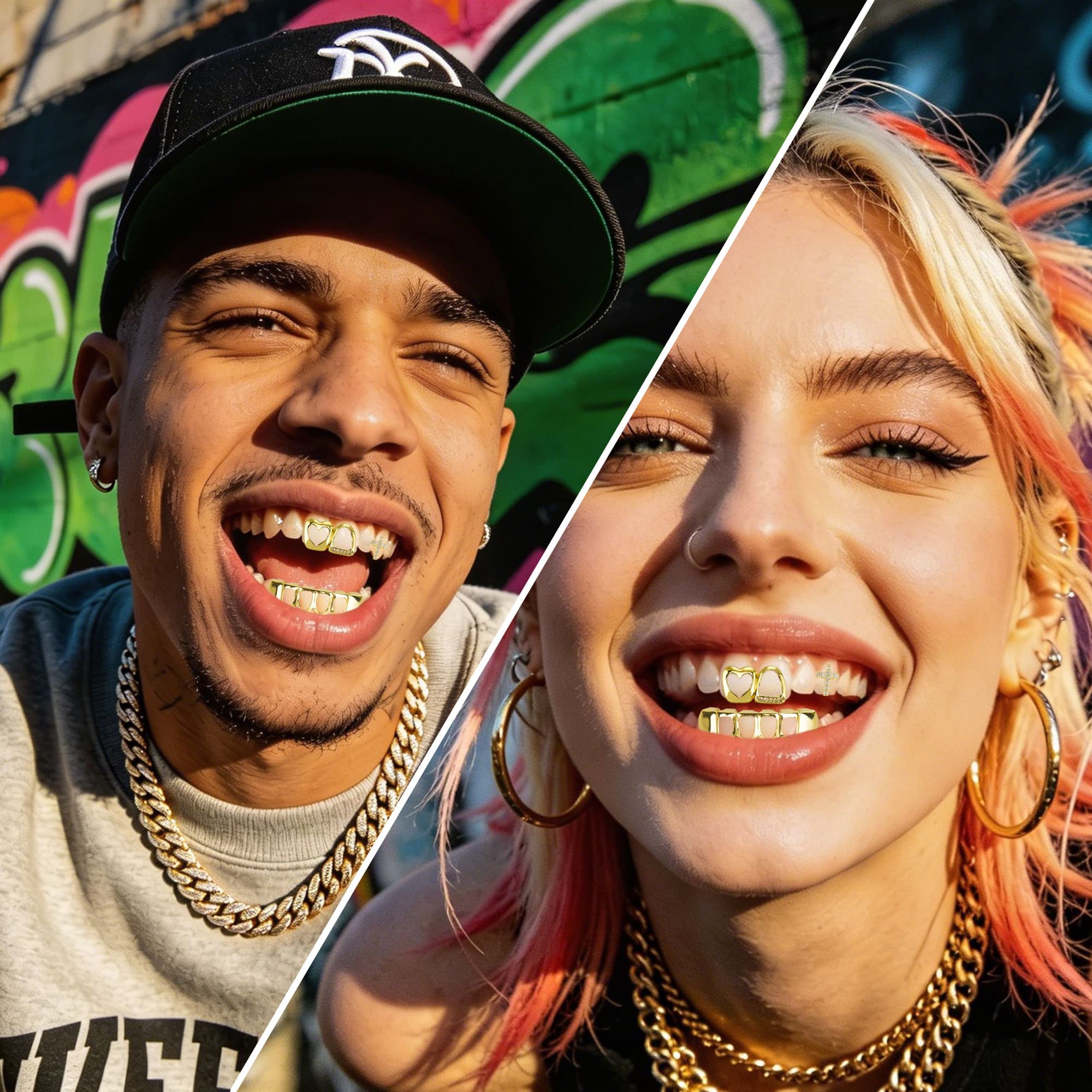 ReignSword 3 Pcs Gold Teeth Grillz Set for Women Men, Heart Cross Star & Plain Hollow CZ Grill Caps, Adjustable Custom Fit, Hip Hop Jewelry for Parties, Halloween & Daily Wear - 4
