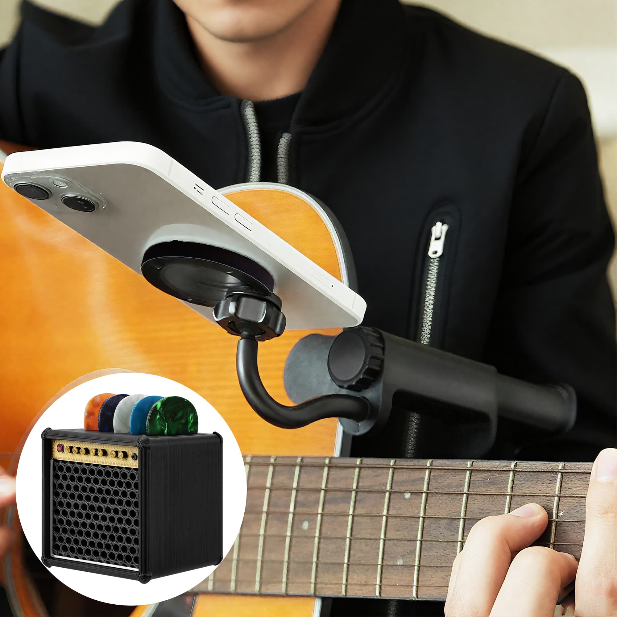 ReignSword Magnetic Guitar Phone Holder With Guitar Pick Display Holder, Adjustable & Rotatable Phone Mount for Live Streaming, Compatible with iPhone 16 15 14 13 12 Series - 6