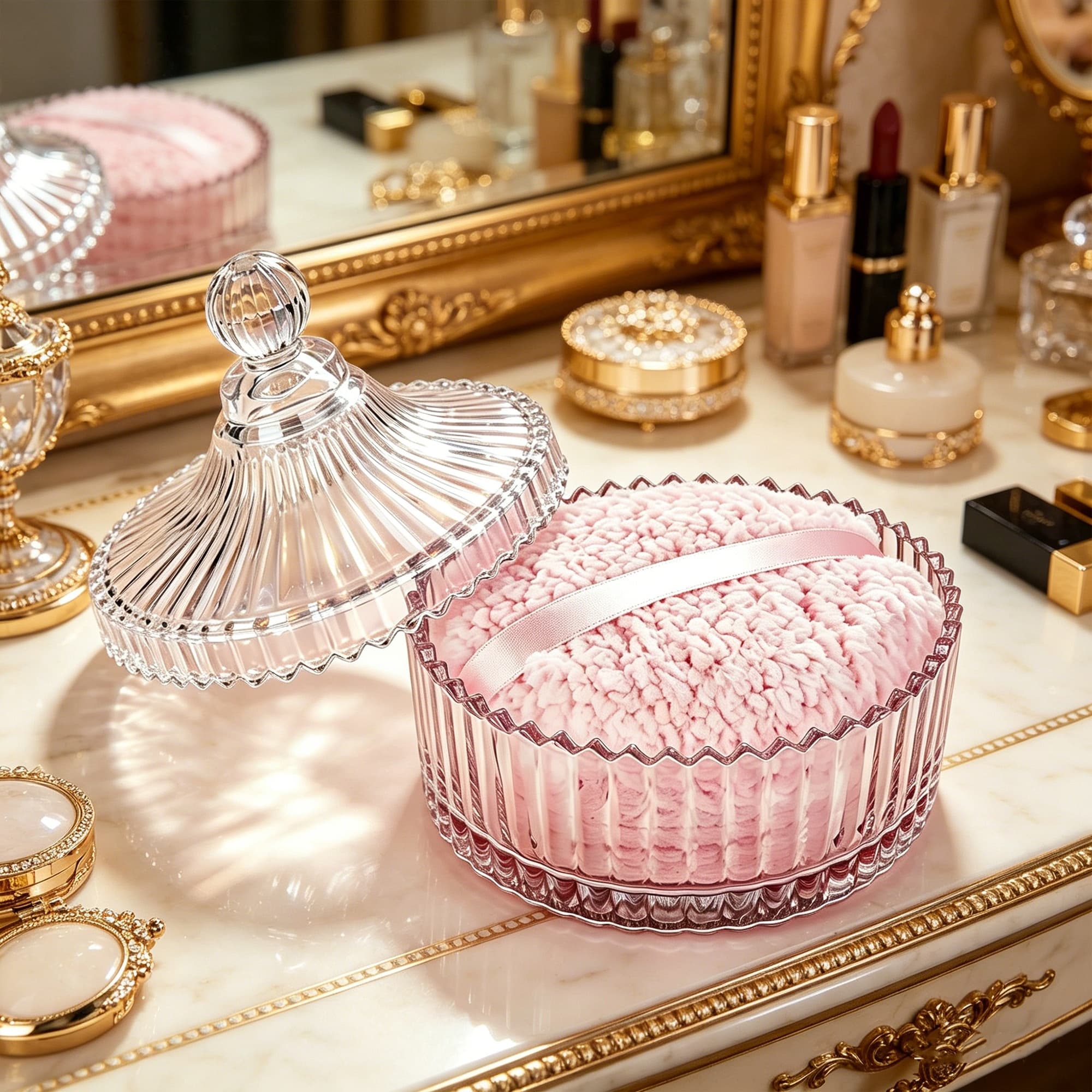 ReignSword Glass Body Powder Container with Dusting Lid, 5.4 Inch Refillable Cosmetic Powders Case with 2 Washable Makeup Puffs for Loose Powder, Vanity Bathroom Storage - 2