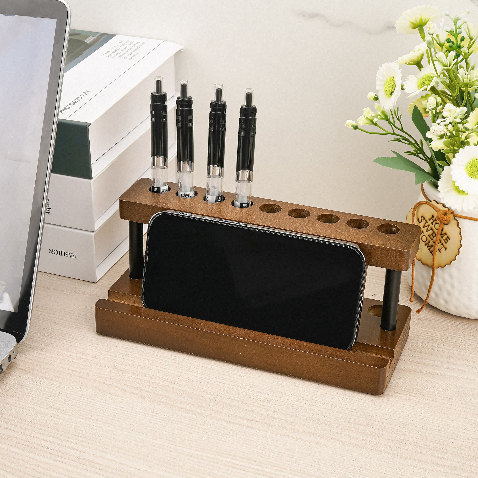 ReignSword Wooden Pen Holder for Desk, Pen Holder Display Stand with 9 Slots and Cell Phone Holder, Multifunctional Pen Organizer for Office and Home - 3