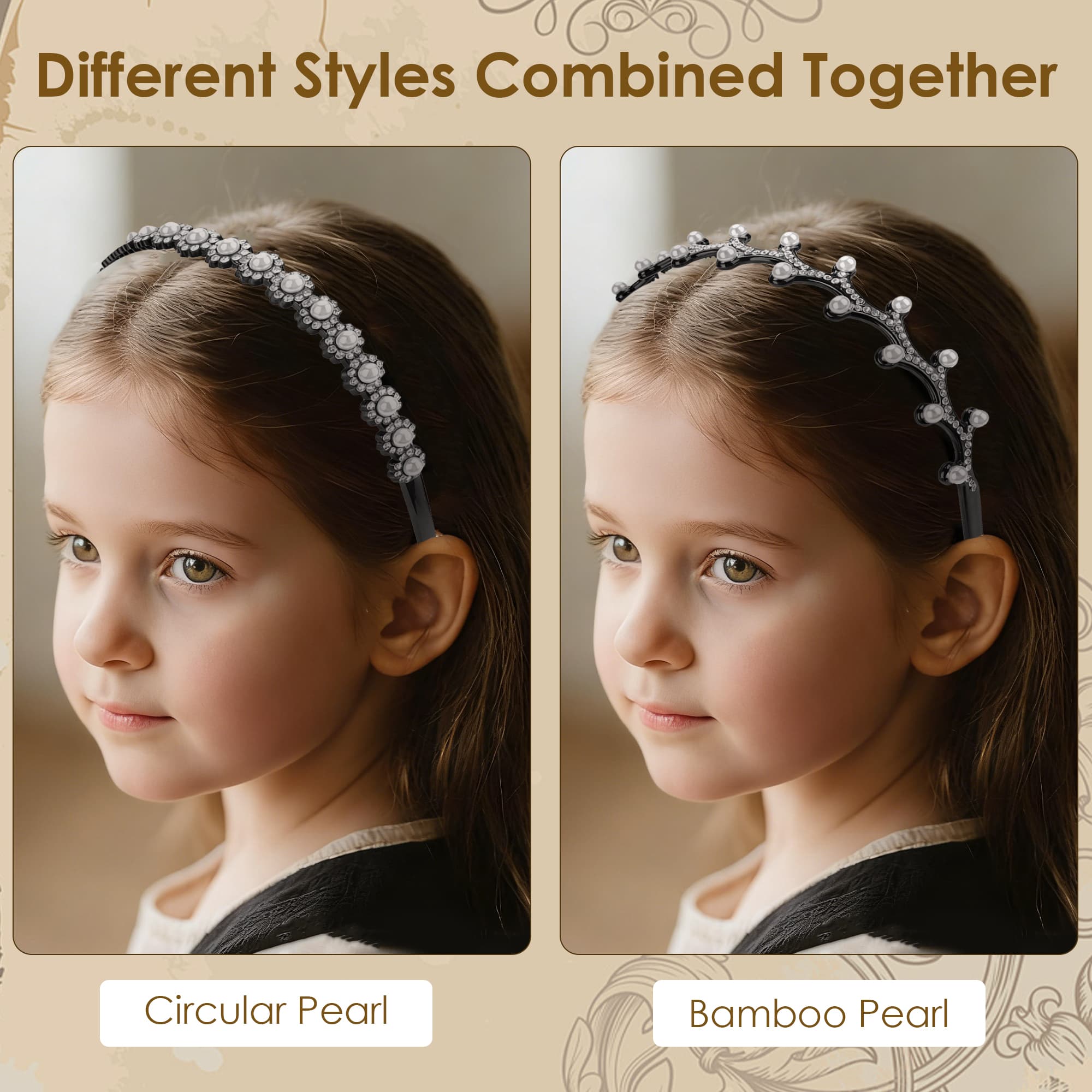 ReignSword 2 Pack Pearl Rhinestones Headbands for Women Girls, Fashion Hair Hoops with Non-Slip Teeth, Decorative Hair Accessories for Birthday Party Wedding (Black) - 3