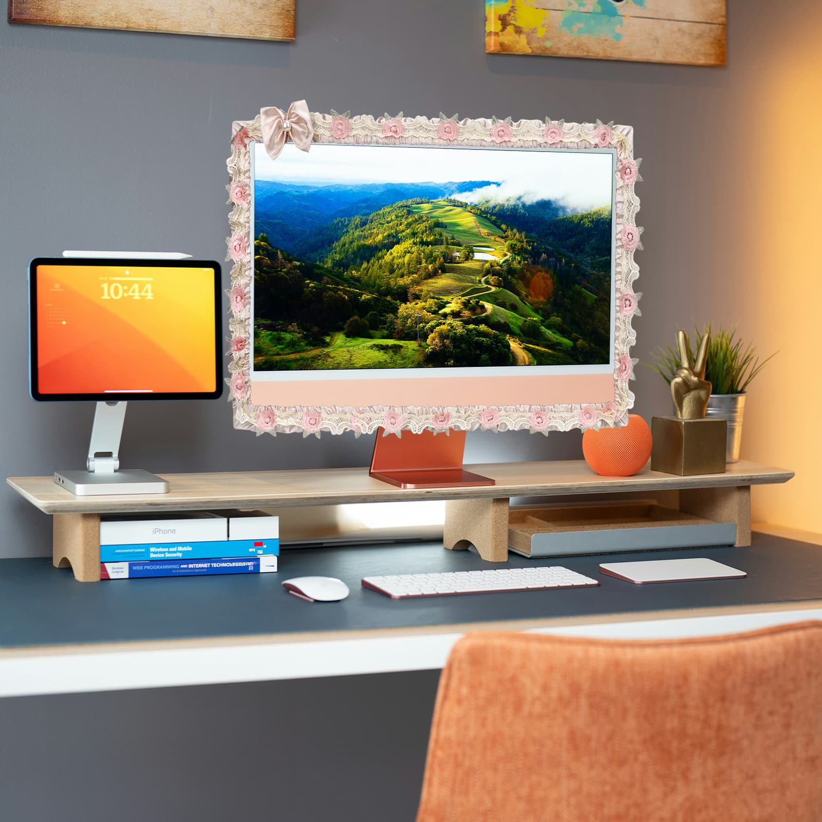 ReignSword 2 Pcs 17''-22'' Cute Computer Monitor Cover with Bow Tie, Lovely Computer Accessories with Lace Design, Monitor Dust Cover Protector (Beige) - 5