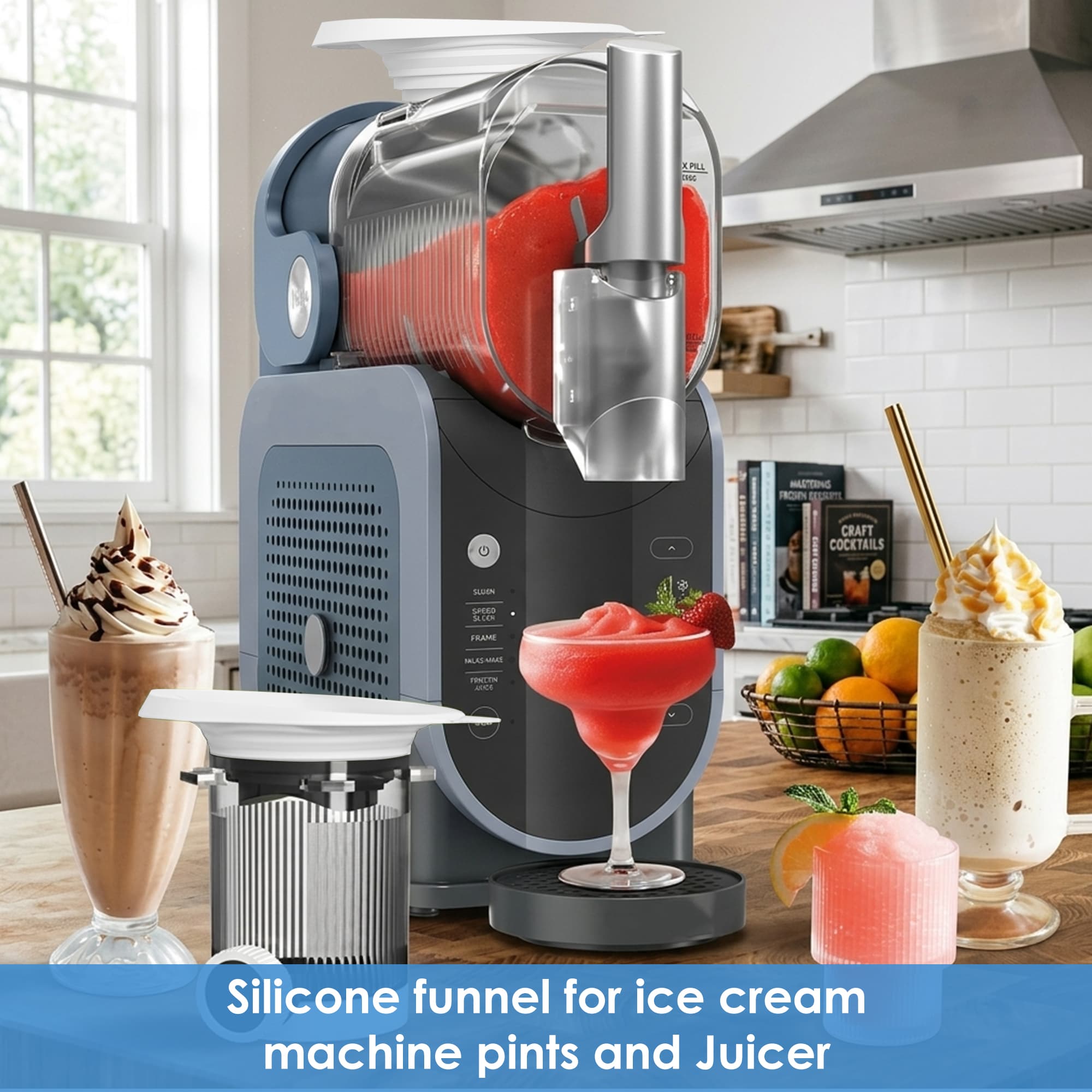 Anti-Splash Liquid Guide Cover Compatible with Ninja Slushie Machine FS301 FS300, Food-Grade Silicone Flow Hood & Foldable Funnel, Creami Swirl Pints Containers Accessories for No Spills (White) - 3