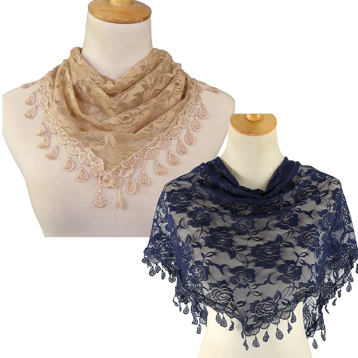 ReignSword 2 Pcs Triangle Lace Mantilla Veil Tulle Scarf, Lace Head Coverings for Women, Veils For Church Catholic (Khaki and Tibetan Blue) - 7