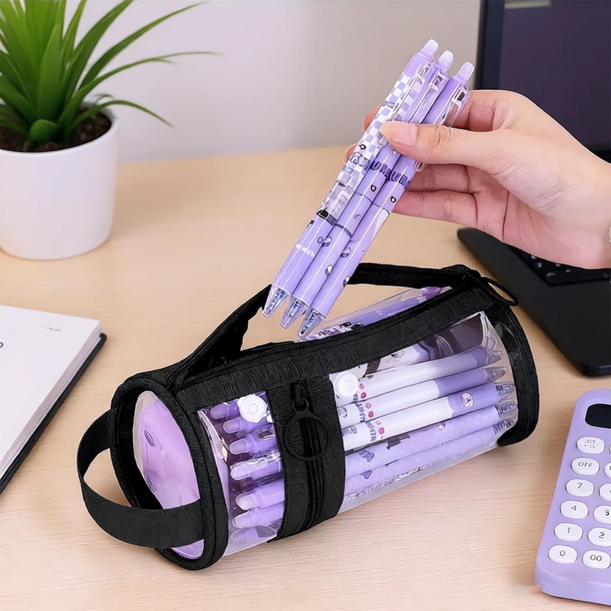 ReignSword Clear Pencil Case, PVC Cylindrical Pen Bag, Multifunction Zipper Pouch for Makeup, Transparent Handheld Bag for Adults/Office (Black) - 5