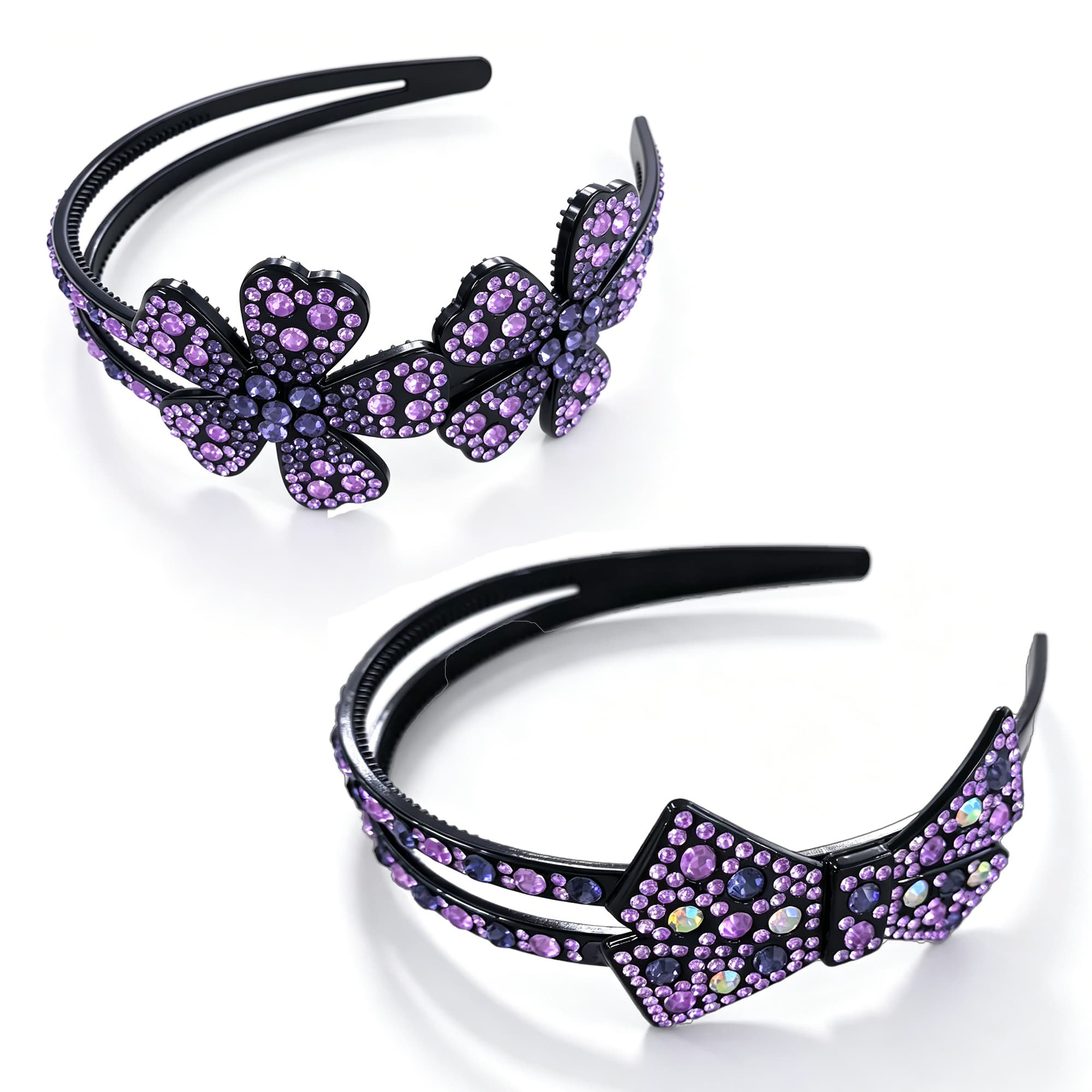 ReignSword 2 Pack Rhinestone Headbands for Women, Sparkly Crystal Bow & Flower Hair Bands, Non-Slip Plastic Hair Hoops for Daily Party (Purple) - 6