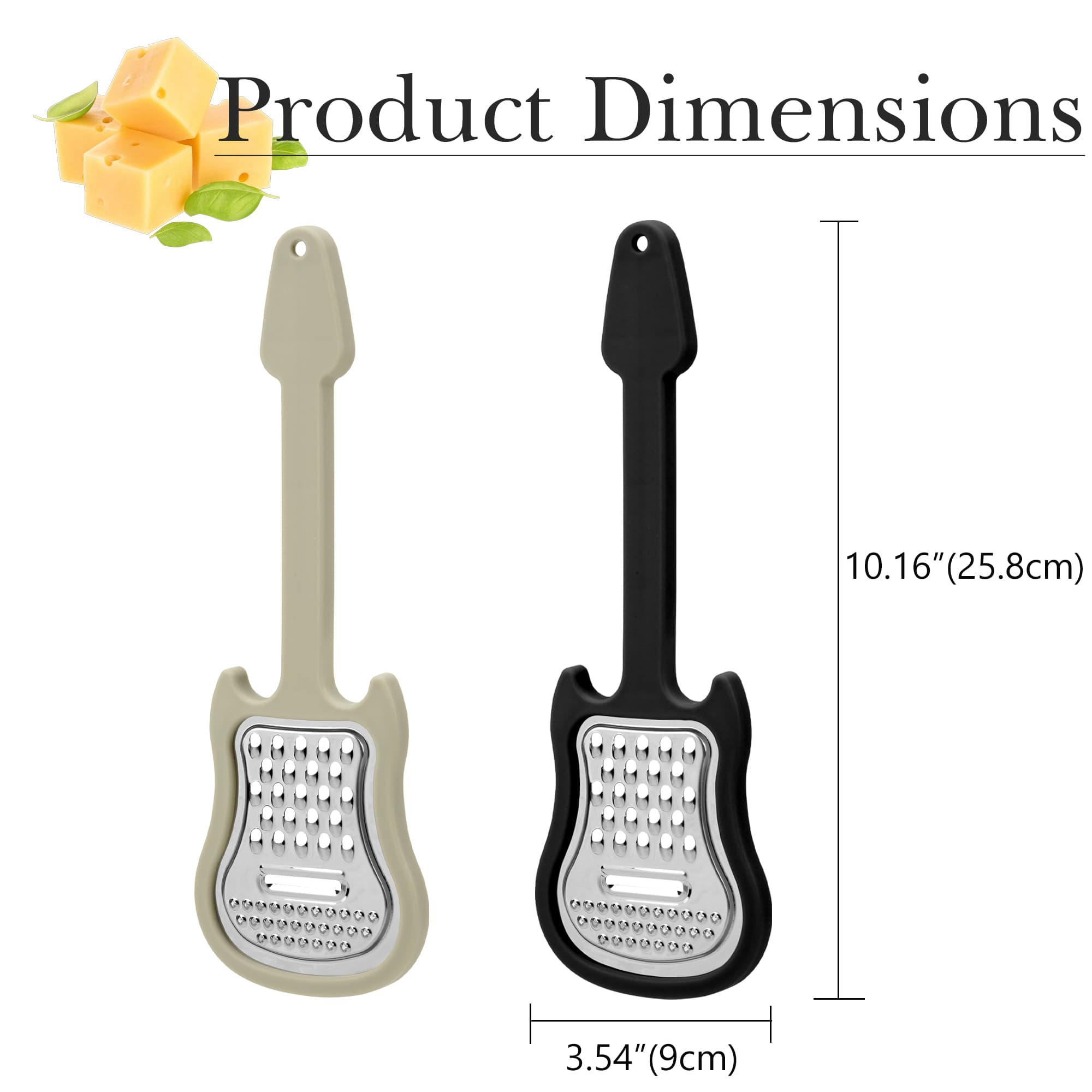 ReignSword 2 Pack Cheese Grater Handheld, Stainless Steel Hand Held Shredder, Multi-Functional Guitar Shaped Kitchen Food Grater Tool for Cheese, Vegetables, Fruit, Salad (Black, Gray) - 1