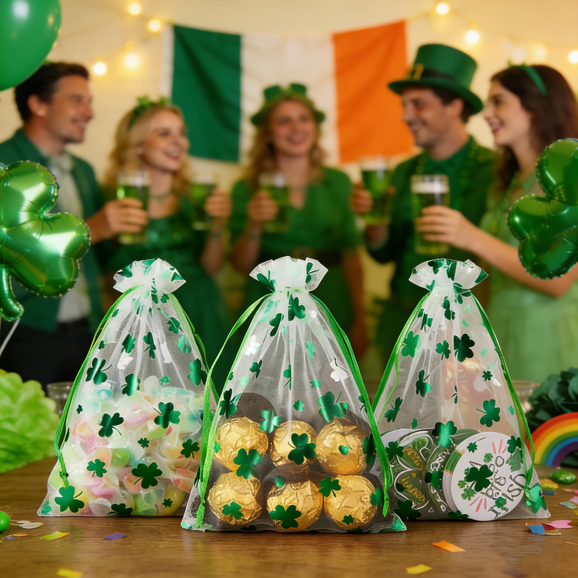 ReignSword 50 Pcs St. Patrick's Day Organza Gift Bags, Shamrock Clover Green Drawstring Mesh Treat Pouches, Goodie Bag for Party Favors, Candy, Jewelry (7 x 5 Inch) - 4