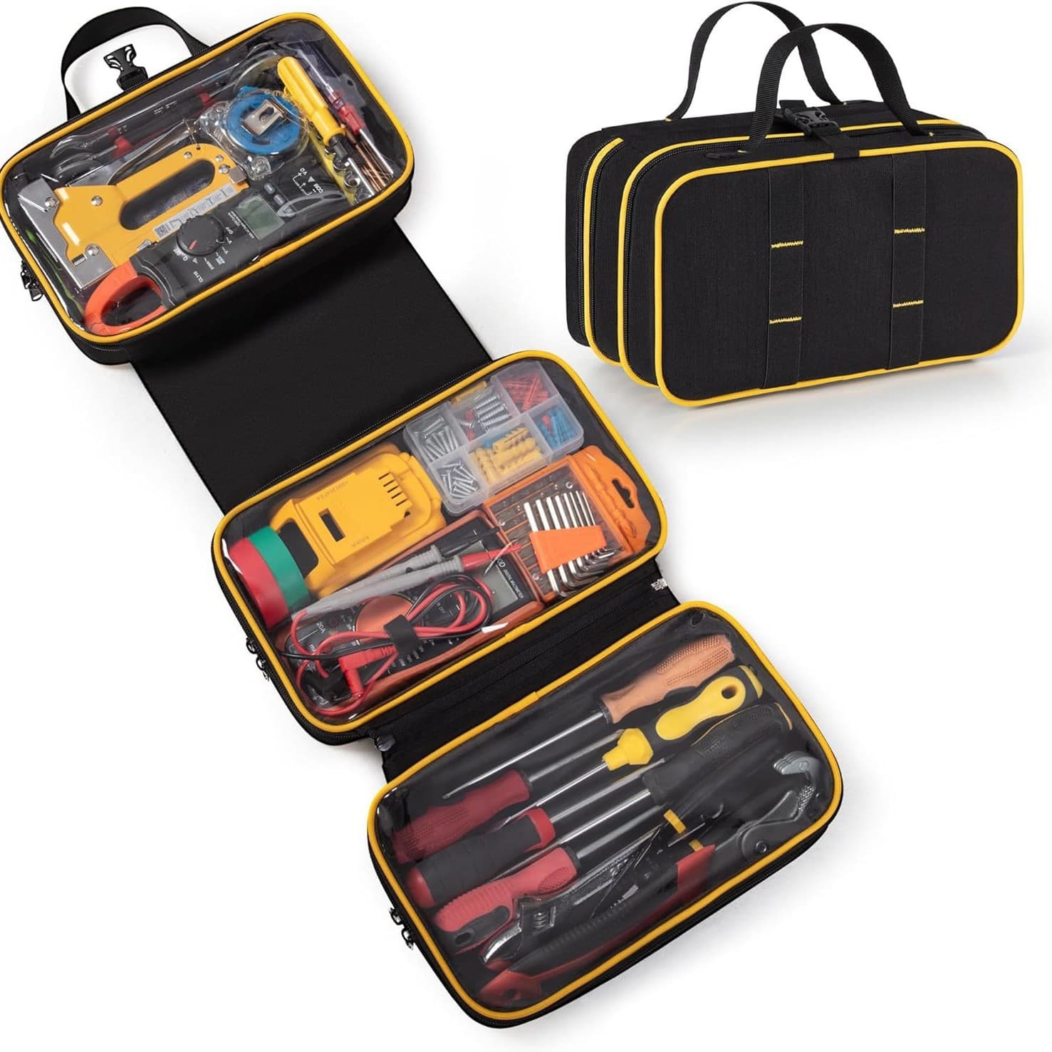 ReignSword Roll Up Tool Bag, Heavy Duty Tool Organizer with 3 Clear Window Boxes (One Detachable), Portable Waterproof Tool Pouch for Men (Black) - 7