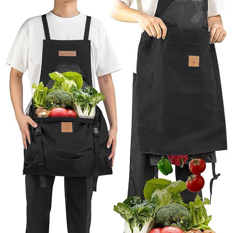 ReignSword Hands-Free Harvest Apron, Oxford Cloth Gardening Apron with Large Harvesting Pockets, Waterproof Adjustable Garden Work Apron for Men and Women, Black