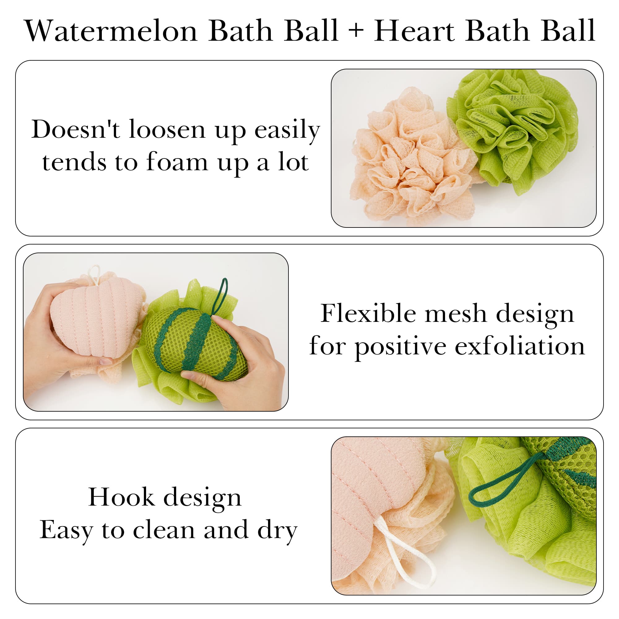 ReignSword 2 Pack Cute Bath Loofah, Cartoon Watermelon & Love Heart Shape - Mesh Shower Sponge Body Scrubber, Exfoliating Bath Accessories for Women - 2