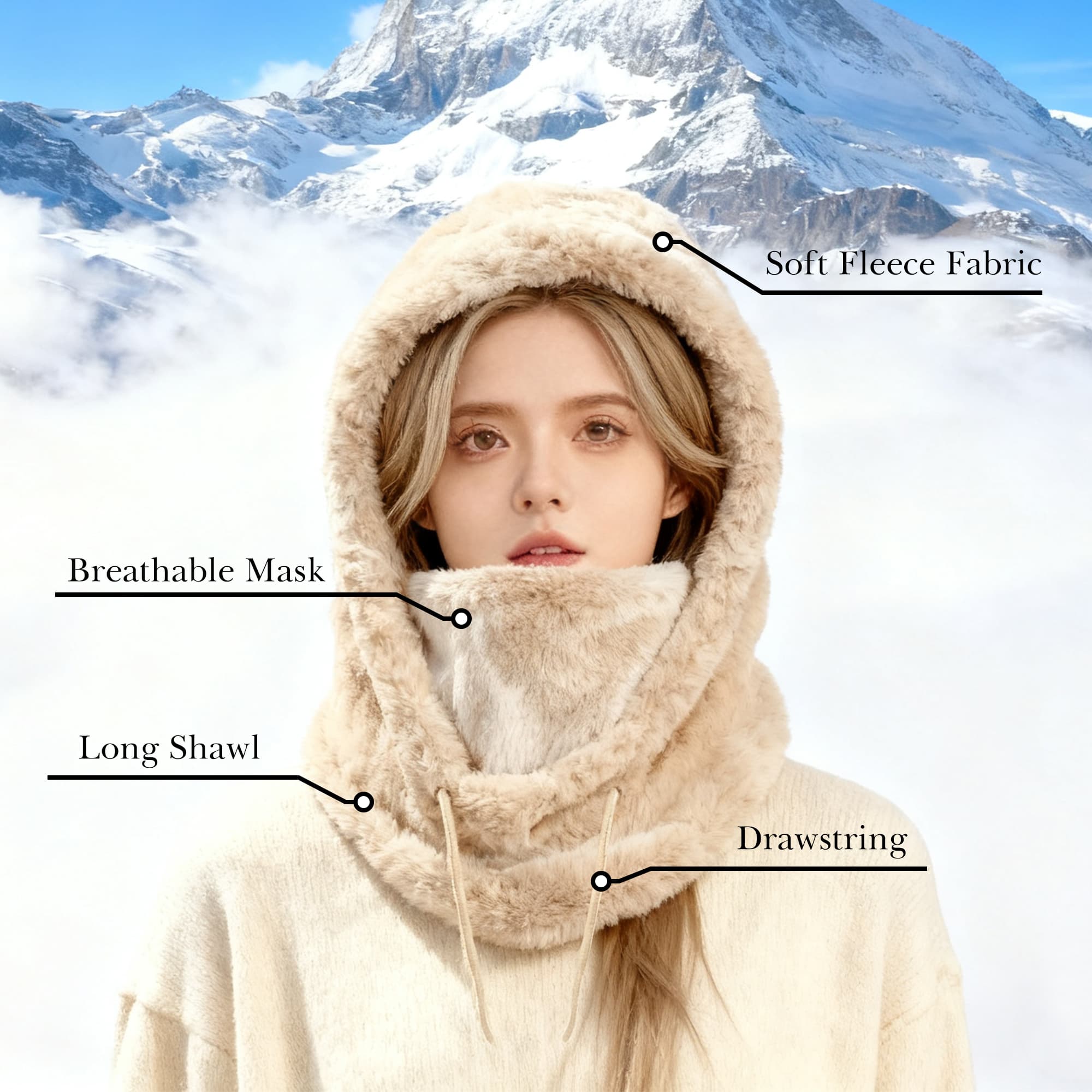 ReignSword Fleece Balaclava Face Mask, Winter Windproof Warm Ski Mask for Men Women, Adjustable Drawstring Cold Weather Face Cover for Skiing Snowboarding (Khaki) - 3