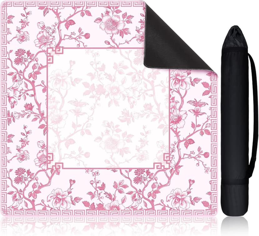 ReignSword Chinoiserie Flower Mahjong Mat with Carrying Bag, Anti-Slip and Noise-Reducing Mat for Table, Functional Gifts for Card Games, and Board Tile Games ( 31.5" x 31.5", Pink)