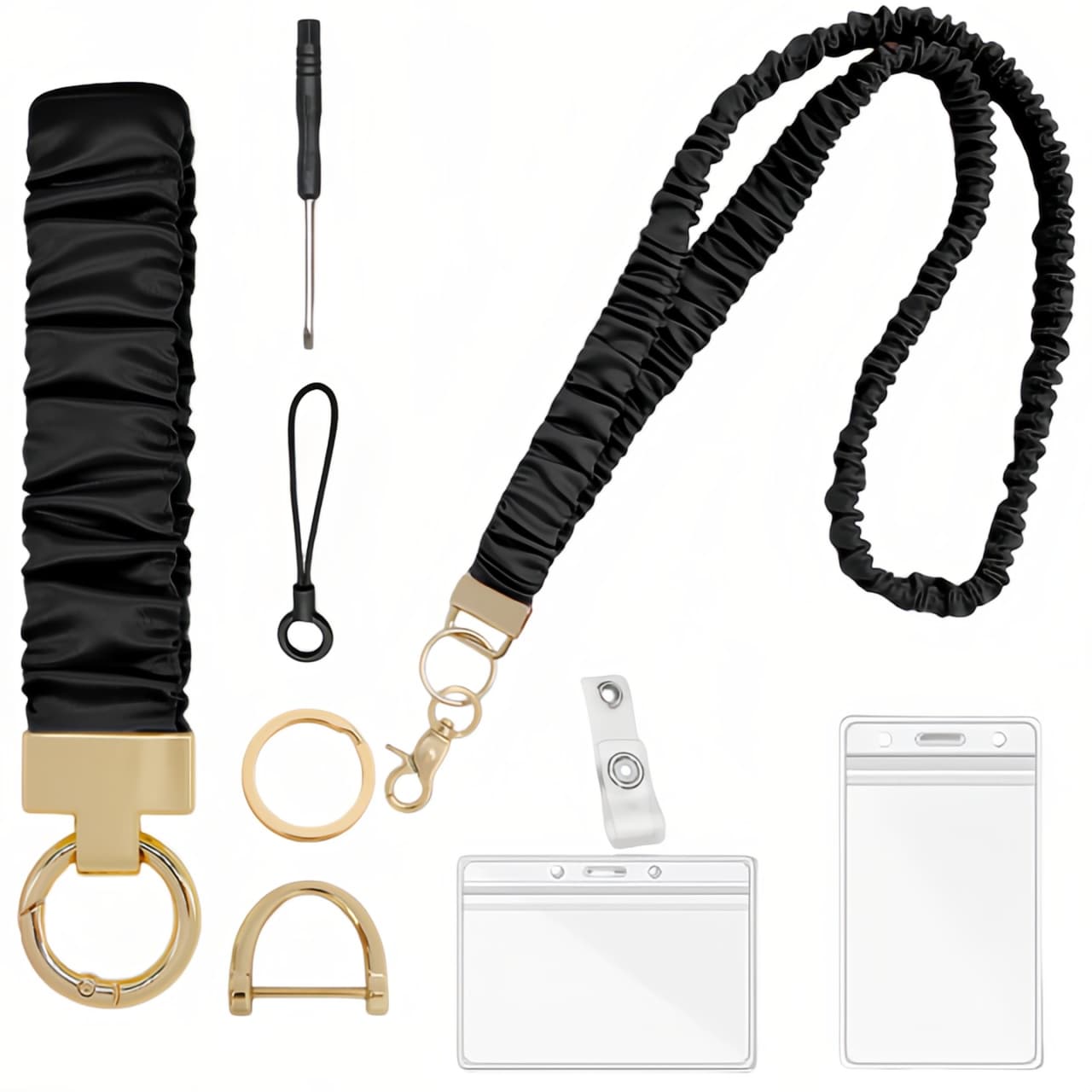 ReignSword Scrunchie Lanyard Keychain Wristlet Set, Stretchy Wrist and Neck Lanyard for ID Badges, Soft Women Accessories for Office (Black) - 7