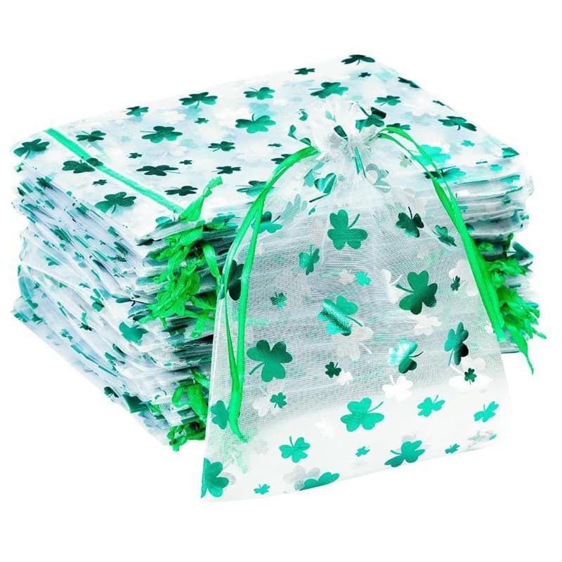 ReignSword 50 Pcs St. Patrick's Day Organza Gift Bags, Shamrock Clover Green Drawstring Mesh Treat Pouches, Goodie Bag for Party Favors, Candy, Jewelry (7 x 5 Inch) - 6