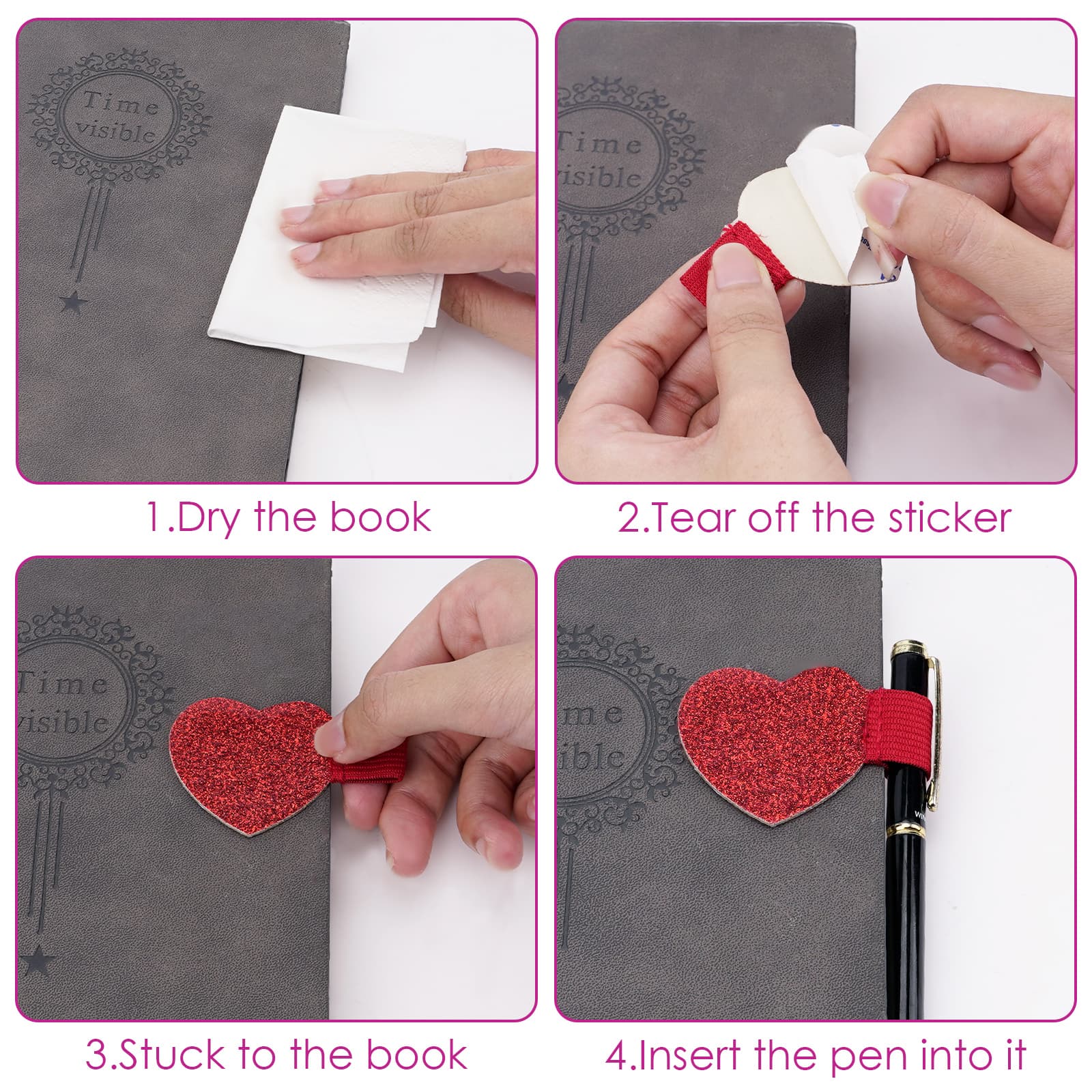 ReignSword Pen Loop Holder Set, 6 Pieces Self-Adhesive Pencil Holder Elastic Design for Notebooks, Elastic Loop Love Pen Holder - 3