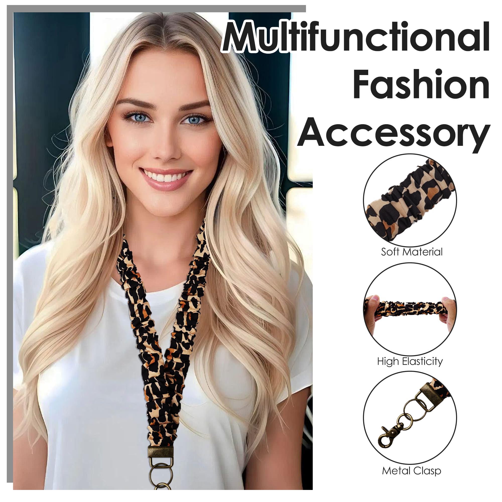 ReignSword 4 Pack Scrunchie Lanyards for ID Badges Keys, Stretchy Lanyard Neck Keychain with Clip, Cute Lanyard for Women (Leopard) - 4